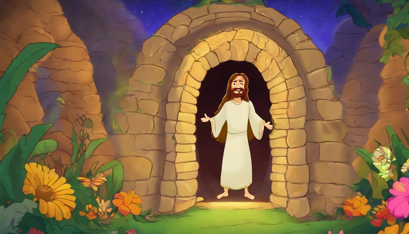 Create a cartoon where Jesus comes out of the tomb with a cheerful and animated expression.
