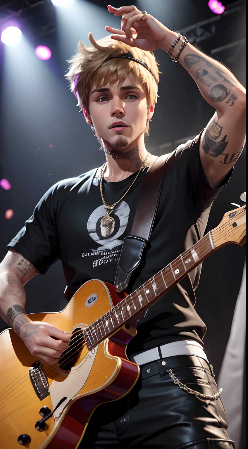 Justin Beiber, hyper realistic, masterpiece, full detailed, performing in a stage
