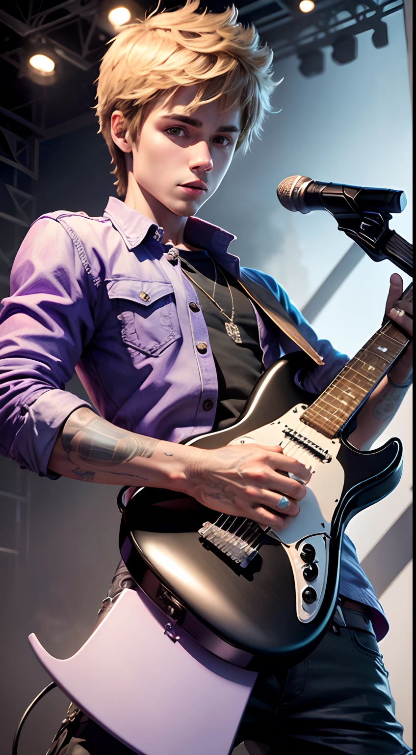 Justin Beiber, with guitar,hyper realistic, masterpiece, full detailed,