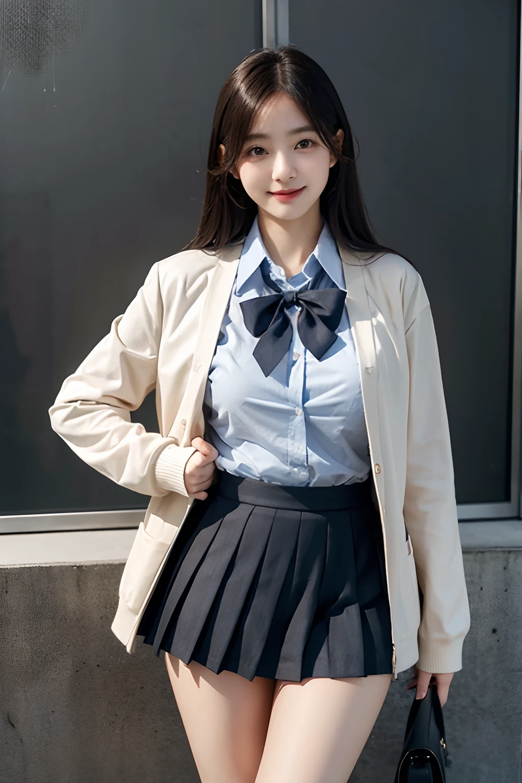 Skirt lift、Large breasts、Show off panties、Smirk、School uniform、 Blazer、 Cardigan、 Jacket、 Long sleeves、 Pleated skirt、 White shirt、