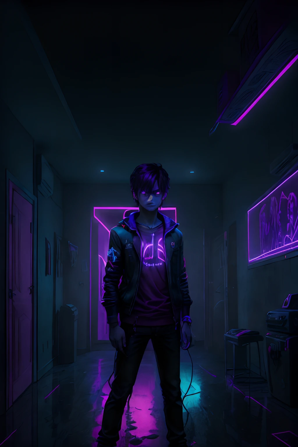adolescente, male, angry, madness, atari control, dark room, purple neon, . Altamente detalhado, de alta qualidade, obra-prima, --auto