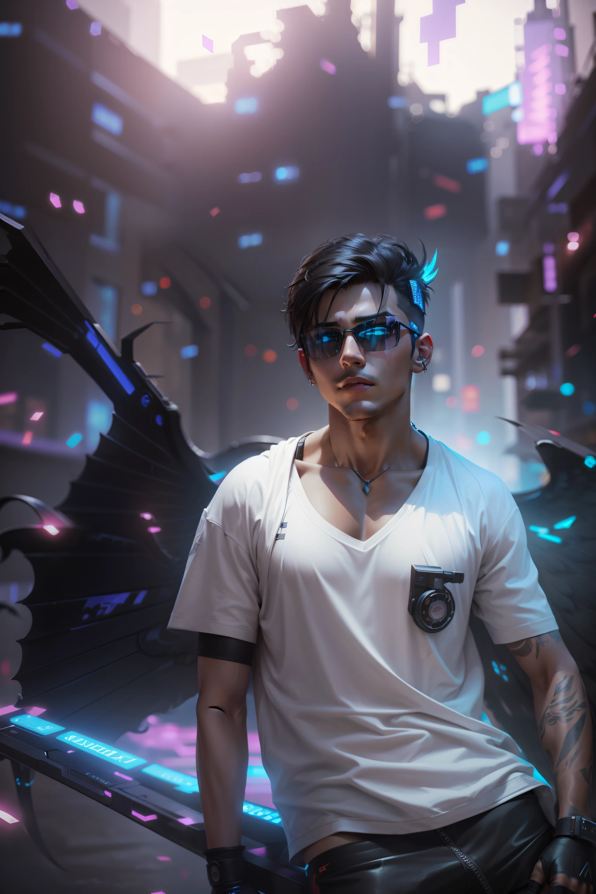 Change background cyberpunk handsome boy,wings,realistic face,8k,ultra realistic