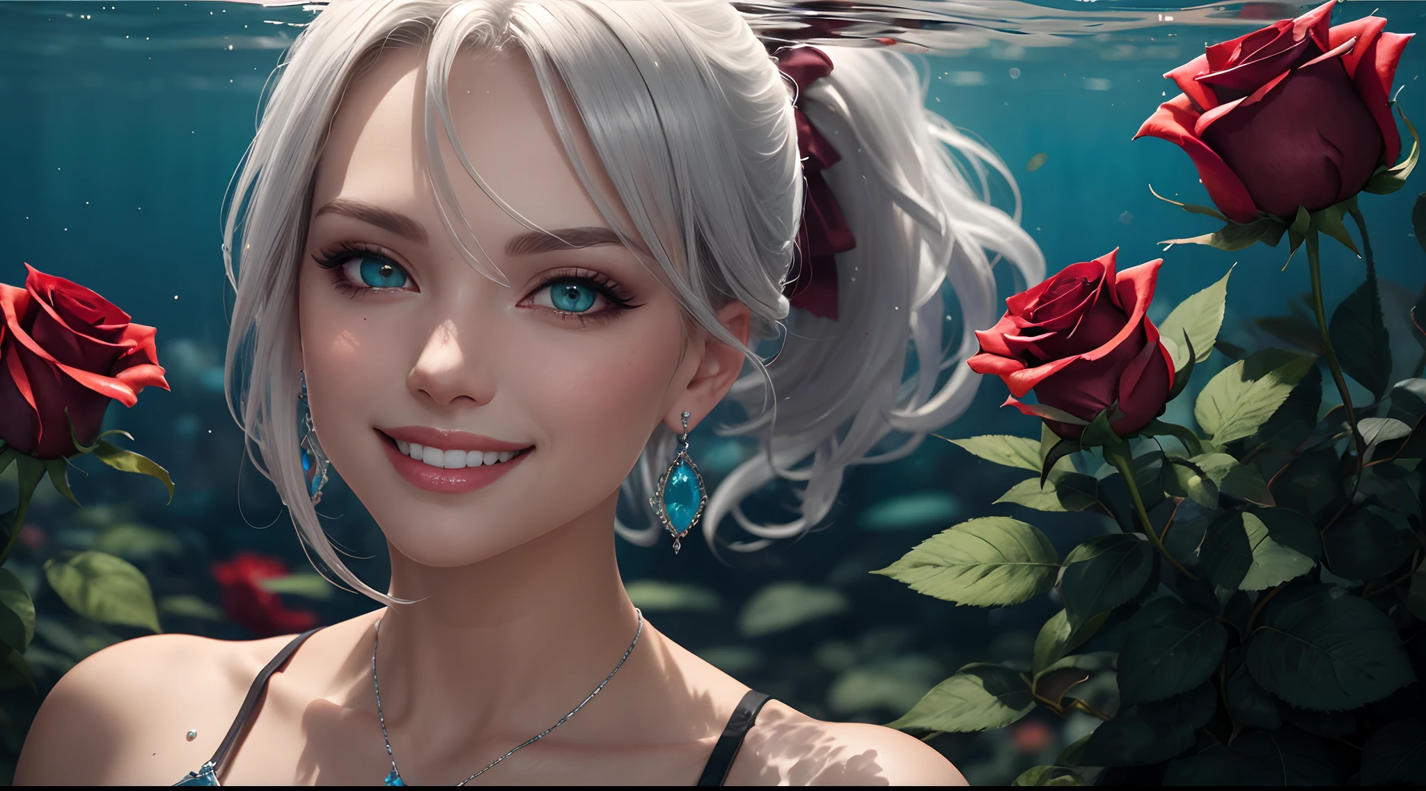 Garden covered with red roses in the background, Silver hair, front ponytail, eyes reflection, red contact lenses, Pink eyes,Heterochromia， Wear earrings, Blue crystal pendant，Evil smile, shairband，High detail, romanticism lain,partial underwater shot， Depth of field, Sparkle, Ray tracing, viewfinder, zoom layer, Close-up, Bokeh, Anatomically correct, High details, 1080p, hyper HD