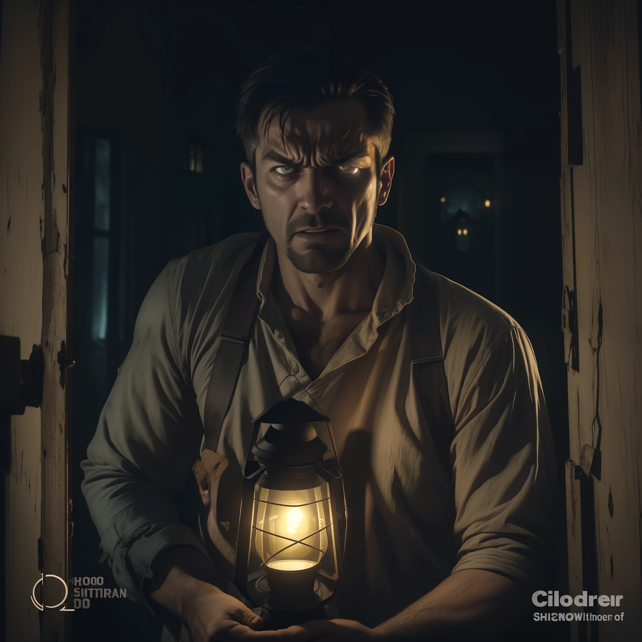 a man ((upper body selfie, angry)), masterpiece, best quality, ultra detailed, house, abandoned, (night), horror environment, (holding a lantern) angry, looking at viewer, analog style , (warm hue, warm tone: 1.2), close-up, cinematic light, side lighting, ultra high resolution, best shadow, RAW, upper body