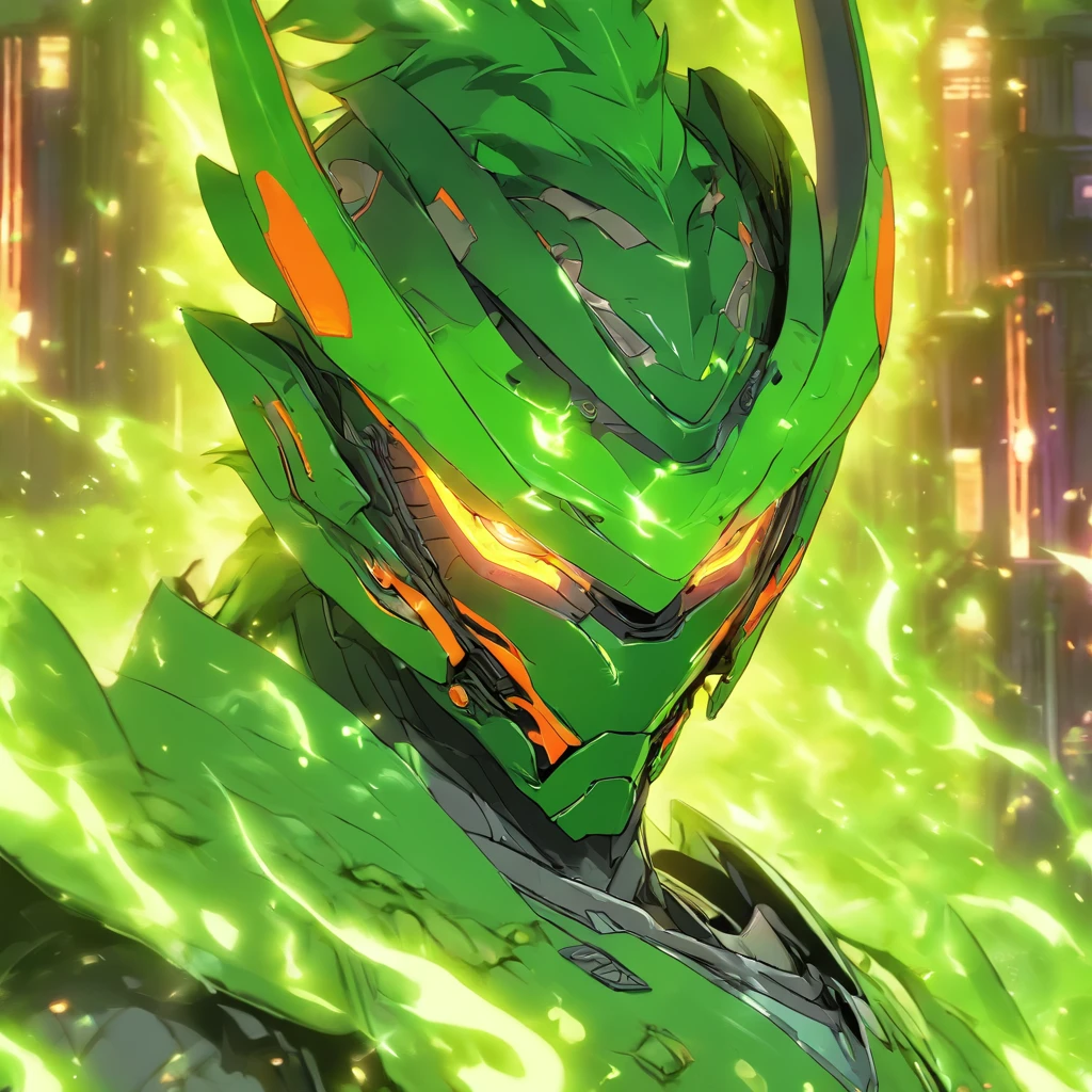 "Genji, standing alone, with a portrait focus, wearing a cyborg visor and helmet, surrounded by vibrant green energy. A majestic Easter dragon looms in the background, creating a stunning contrast with deep colors. Ensure the best quality in the artwork."