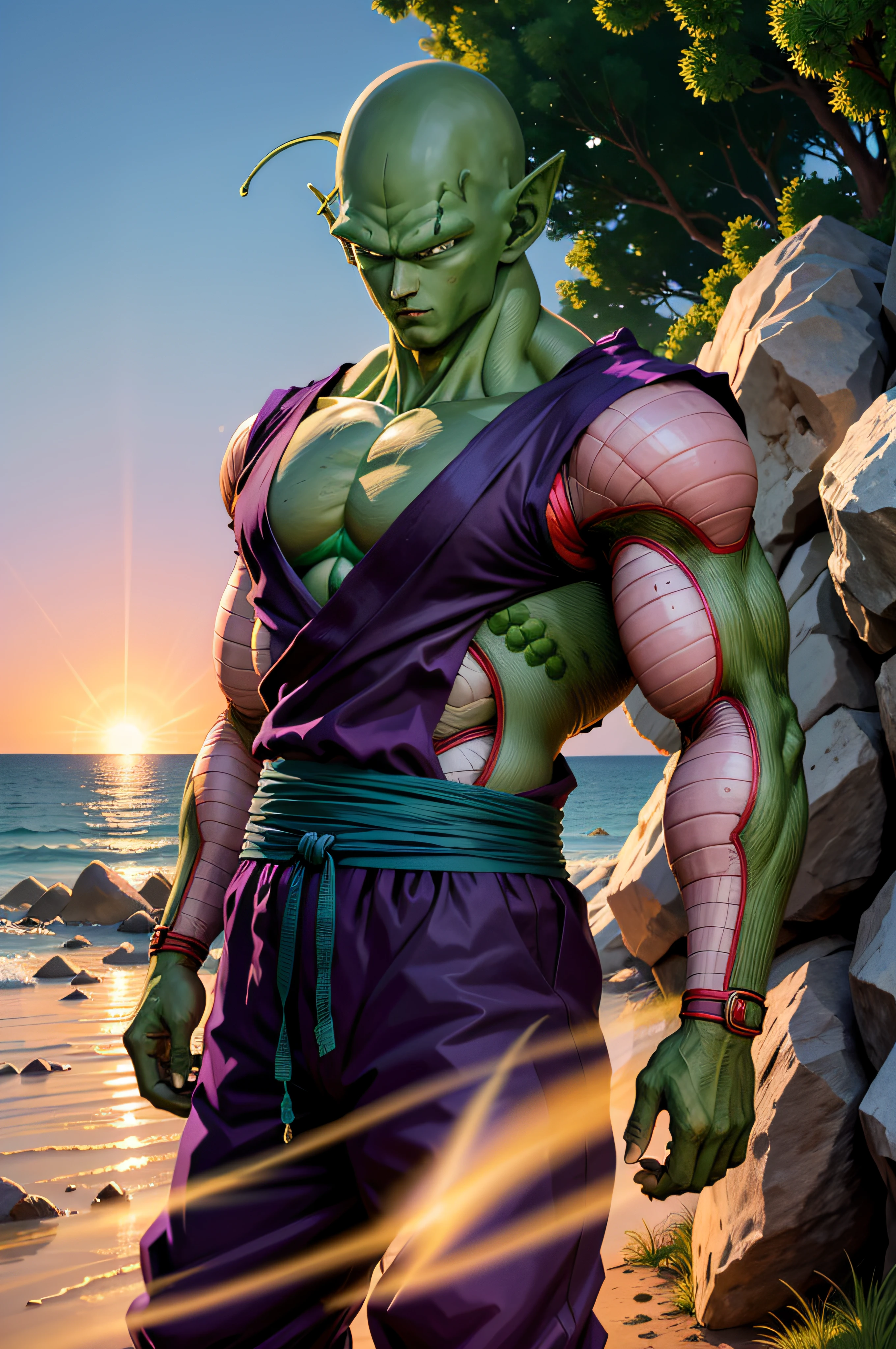 masterpiece, best quality, realistic, photorealistic, 8k,piccolo, 1boy, male focus, solo, standing, pointy ears,(purple dougi), green skin, oni horns, purple pants, closed mouth, looking at viewer, ((bald)),arms at sides,pink patches,black eyes, blue sash, rocks, grassfield