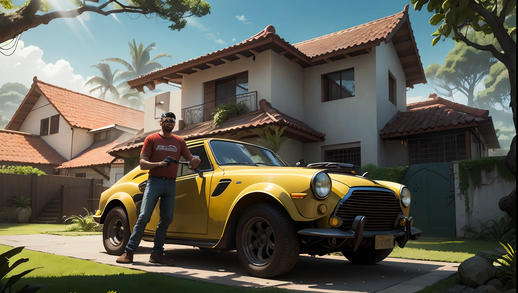 A father in his 30s fixing the engine of a sports car in front of a middle-class Brazilian style house, while his smiling and happy children play beside their father. Cheerful and bright environment.
Details: The father wearing a plaid shirt, jeans and a tool in his hand, children wearing colorful clothes, bright red car, house with yellow walls and manicured garden.
Setting: A sunny day with clear blue skies, lush green trees in the garden, a swing and toys spread out on the lawn.
Atmosphere: Close-knit, relaxed and happy family, full of positive energy.
Style: Photography, wide aperture DSLR lens, smooth background blur, vivid and natural colors.
Execution: Canon EOS 5D Mark IV camera, Canon EF 50mm f/1.4 USM lens, f/2.8 aperture, shutter speed 1/250s, ISO 100, post-processing for enhanced colors and sharpness, --ar 16:9 -- v 5