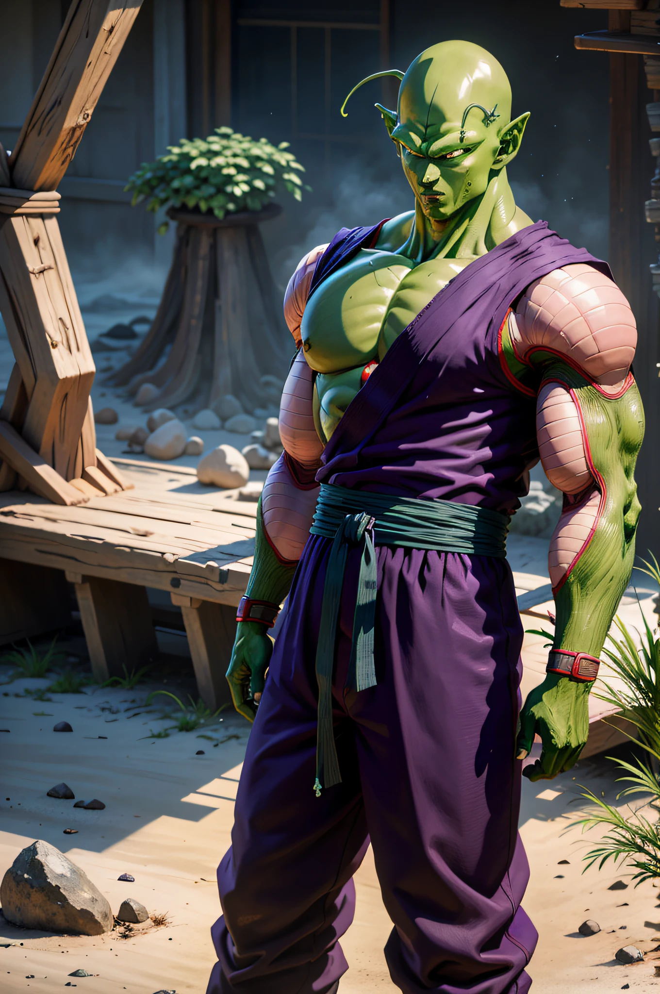 masterpiece, best quality, realistic, photorealistic, 8k,piccolo, 1boy, male focus, solo, standing, pointy ears,(purple dougi), green skin, oni horns, purple pants, closed mouth, looking at viewer, ((bald)),arms at sides,pink patches,black eyes, blue sash, rocks, grassfield