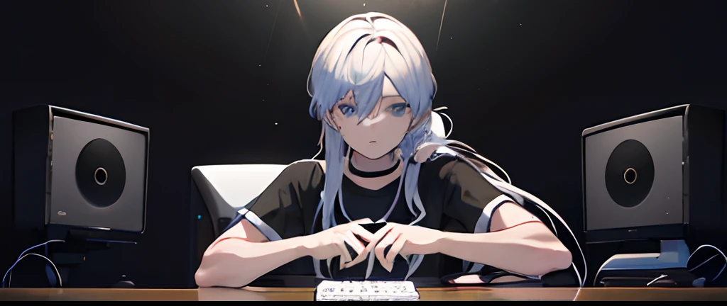 Crie uma imagem em preto e branco de um jovem de 19 anos sentado em um quarto noturno. He's sitting in front of a desk with a desk microphone in front of him. Your hair is tied, and his face is illuminated by the light of the microphone. Ao lado da mesa, there's a PC. Por favor, Create a black and white representation of this scenario.