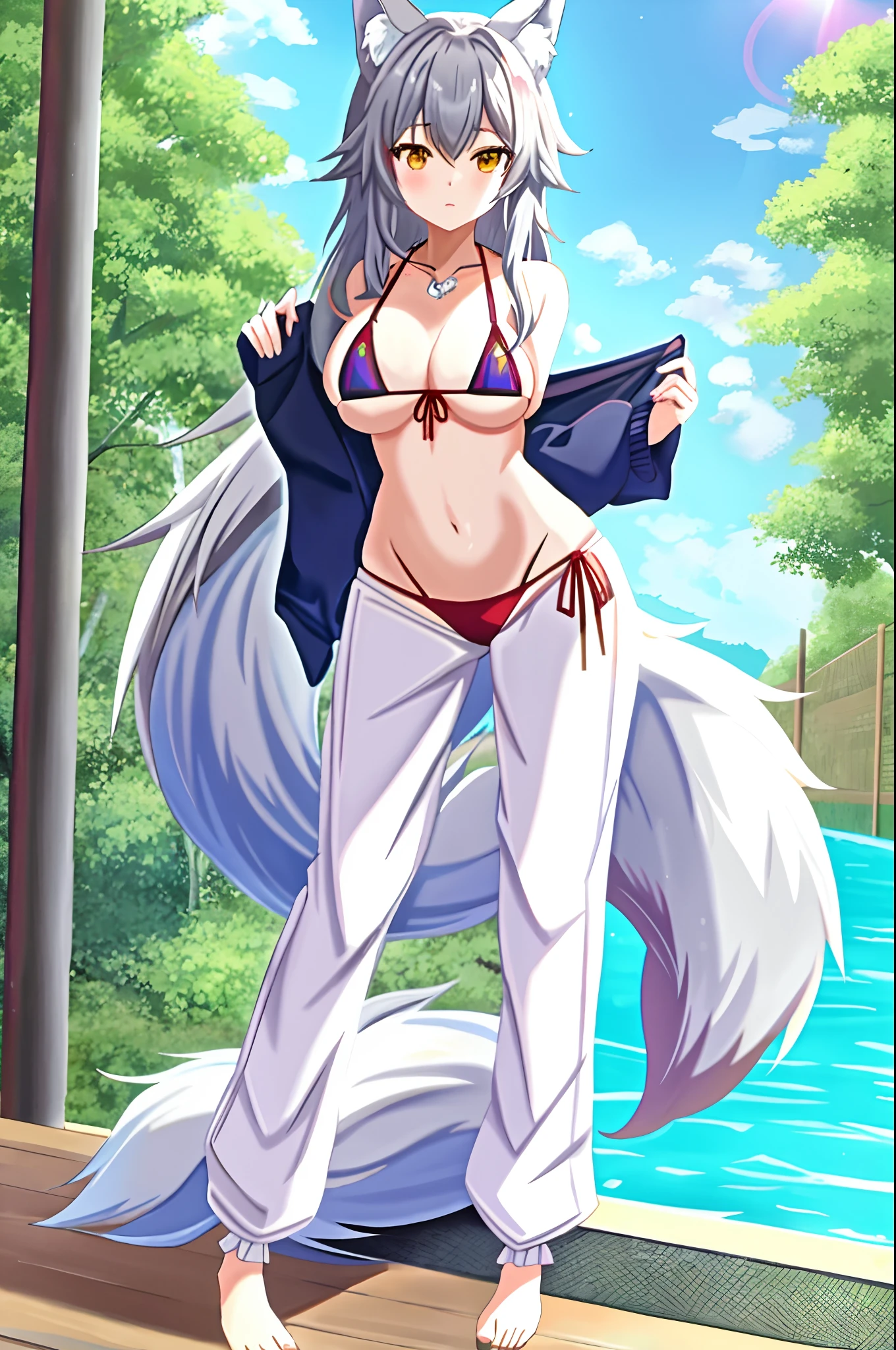 Anime girl in a bikini and wolf ears standing on a dock, anime lobo branca, lobo branca - cabelo, holo is a wolf girl, NSFW Version, Arte de Silverfox, lobo branca vampiro, holo se uma lobo, corpo inteiro:: tempo ensolarado::, raposa nobushi, raposa branca, ao lado de uma piscina, Kitsune
