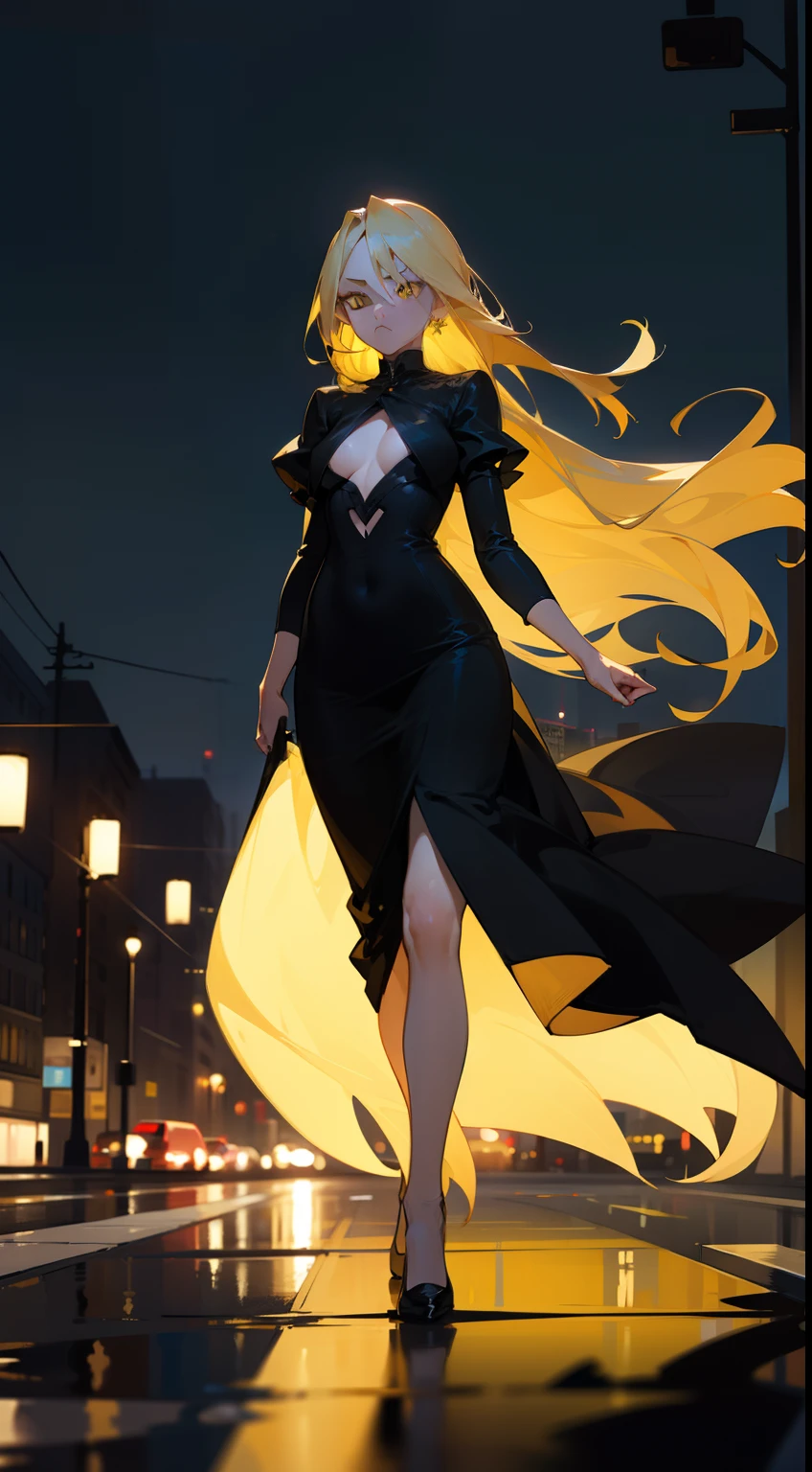 1woman,serious face,elegant dress,medium tits,blonde hair,long hair,yellow eyes,road of city,night,walking