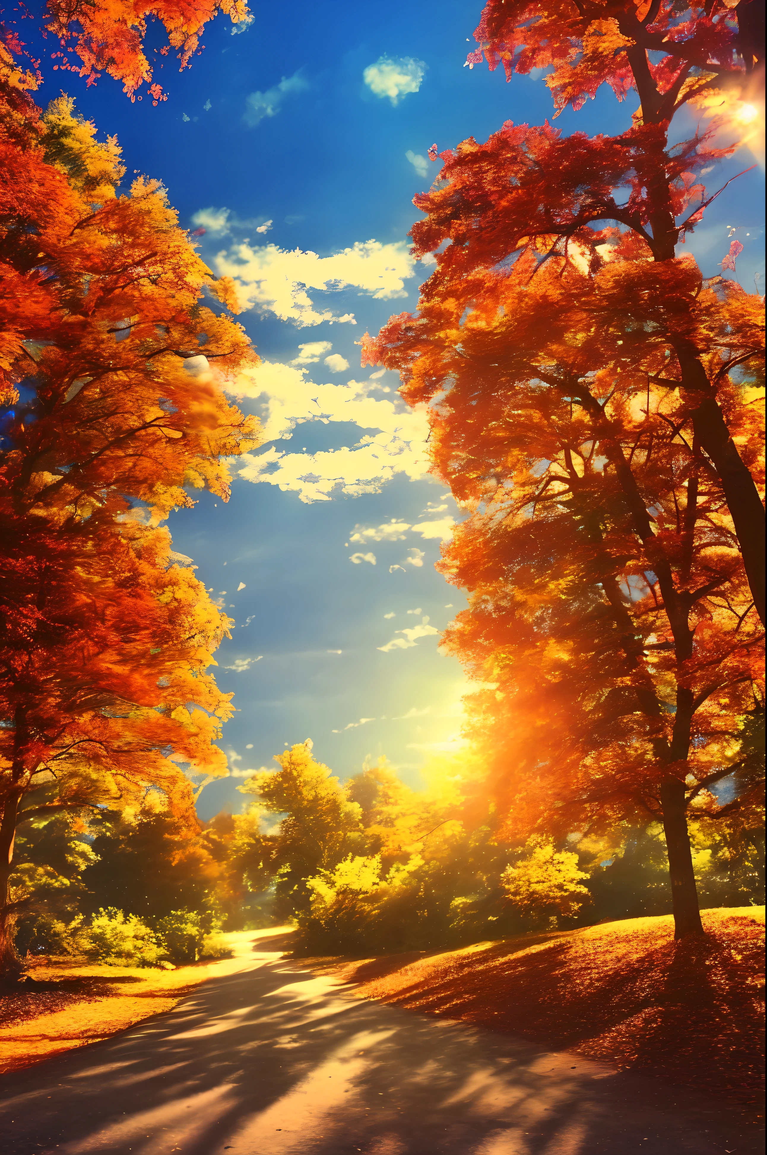 Autumn fall, anime background, leaves, sunset