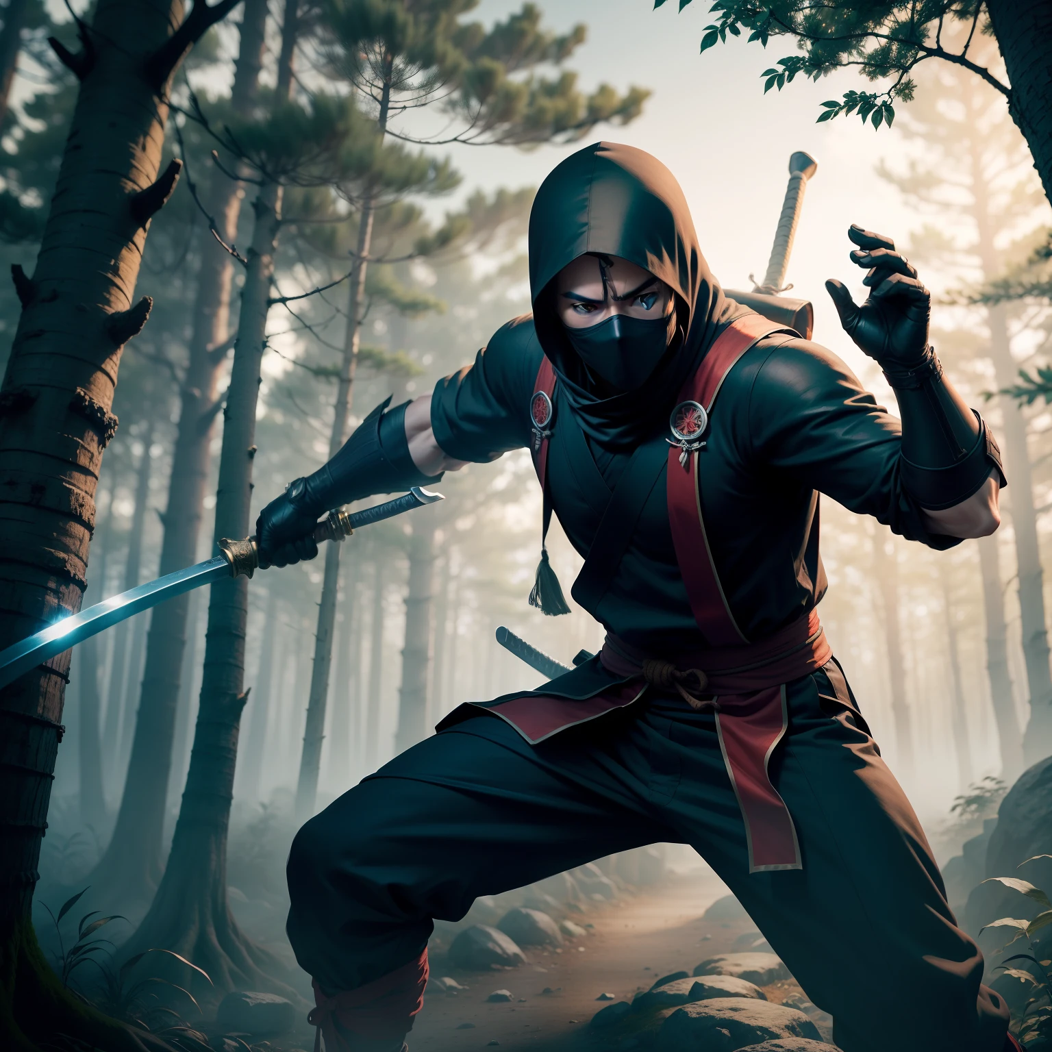 Cinematic photo, A ninja with a sword sneaks through the trees in the zhlungs, 电影灯光, cinematic quality, Film grain, Maximum realism, hight resolution, higly detailed