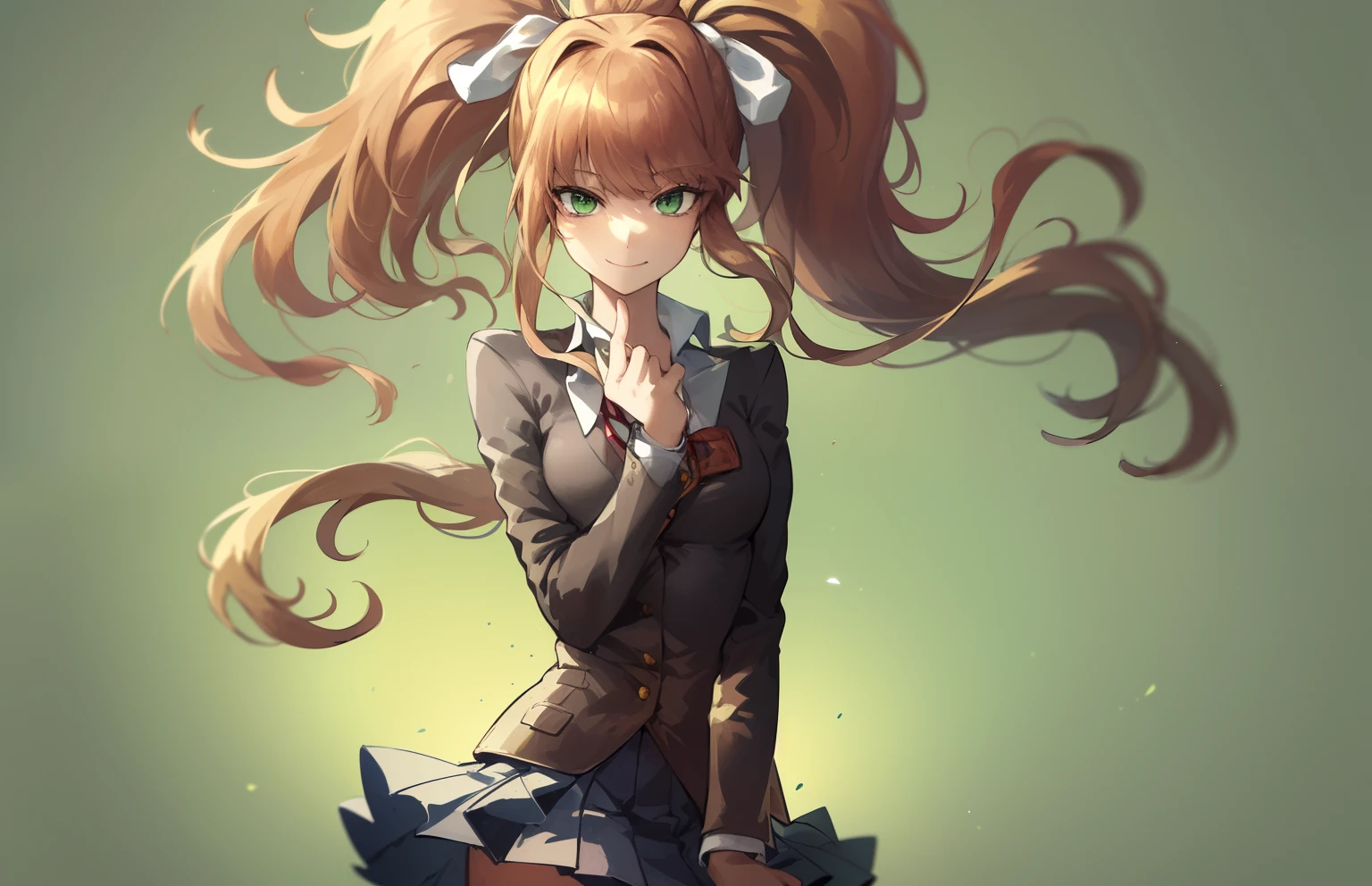 2d, masterpiece, best quality, anime, highly detailed, cowboy shot, 1girl, solo, monika, green eyes, very long hair, ponytail, school uniform, standing, straight-on, smile, white background, simple background
