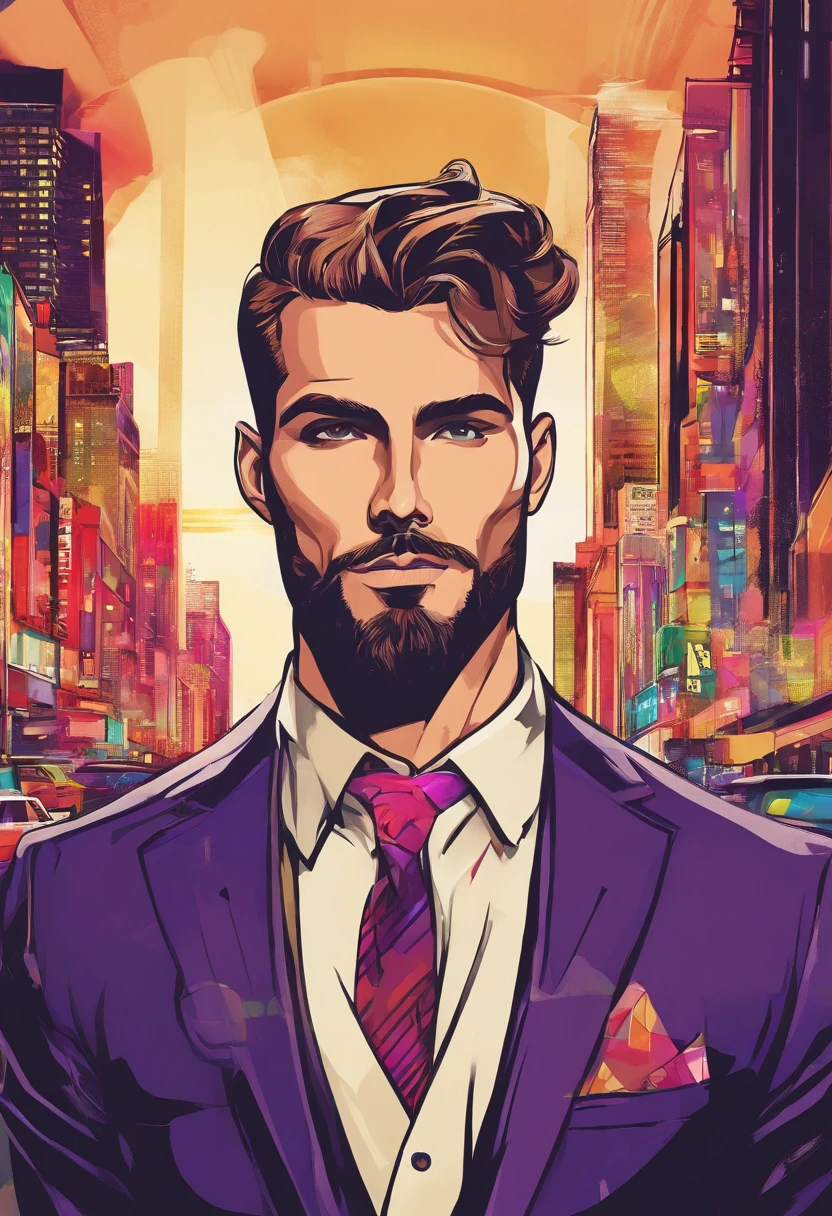 highquality,ultradetailed,(realistic,photorealistic:1.37),handsome man,masculine,sharp jawline,deepset eyes,piercing gaze,trimmed beard,elegant suit,confident posture,straight posture,well-groomed hair,stylish,city background,intense expression,dapper,attractive,professional lighting,vivid colors,sophisticated style,evening scene,soft lighting,refined,gentleman,classic style,crisp details,subtle shadows,fashionable,modern,striking appearance,trendy,sleek,urbansetting