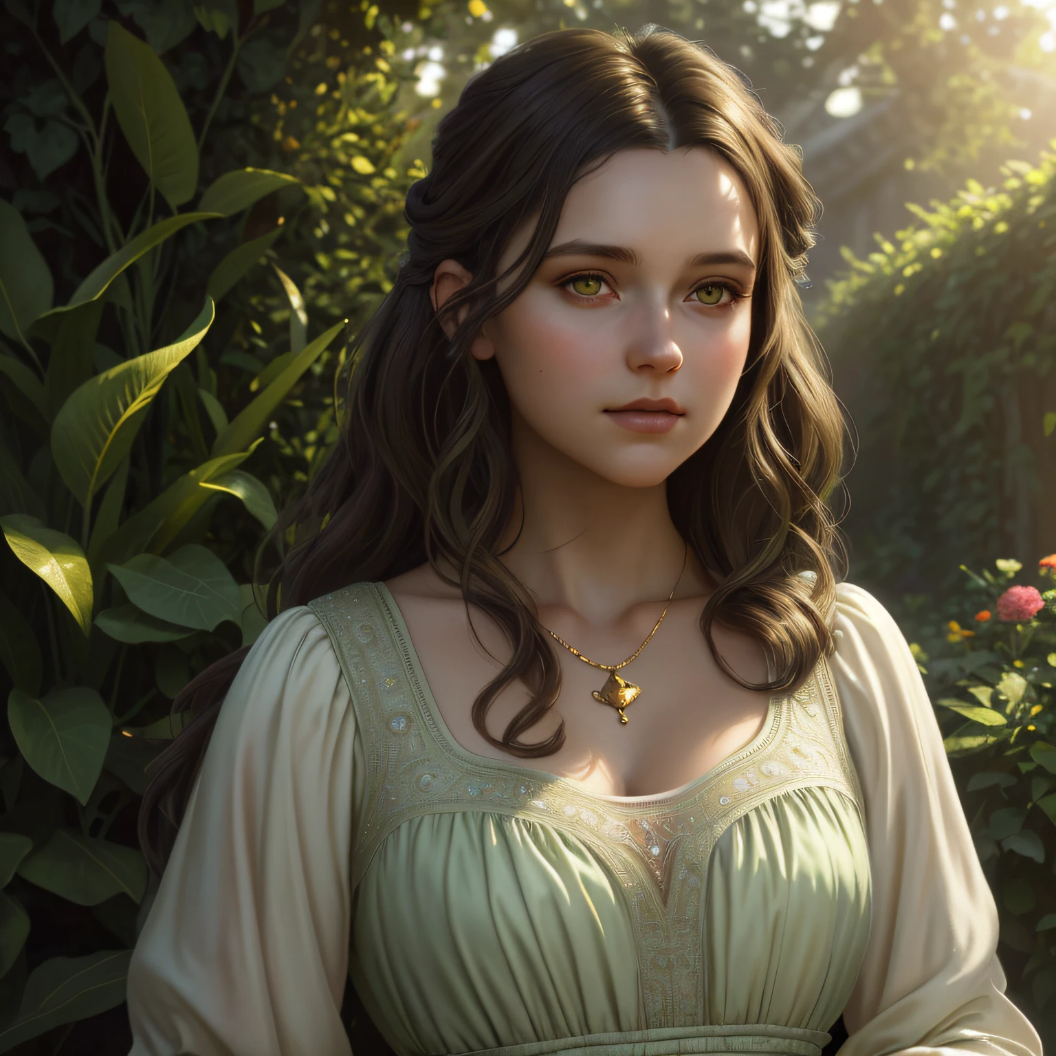 Marianne, 15 years old lady, olive skin, detailed beautiful big fat girl, golden light brown hair wavy and messy, detaiiled perfect obliquous dark green eyes, delicate symmetric realistic and beautiful face, (sunny garden background), regency lady simple light colored dress, no necklace, full body, masterpiece, fine detail, rich colors, dramatic lighting, extremely detailed, cinematic lighting hyperdetailed painting, luminism, Bar lighting, complex, 4k resolution concept art portrait by Greg Rutkowski, Artgerm, WLOP, Alphonse Mucha, little fusion pojatti realistic goth: a stunning realistic photograph