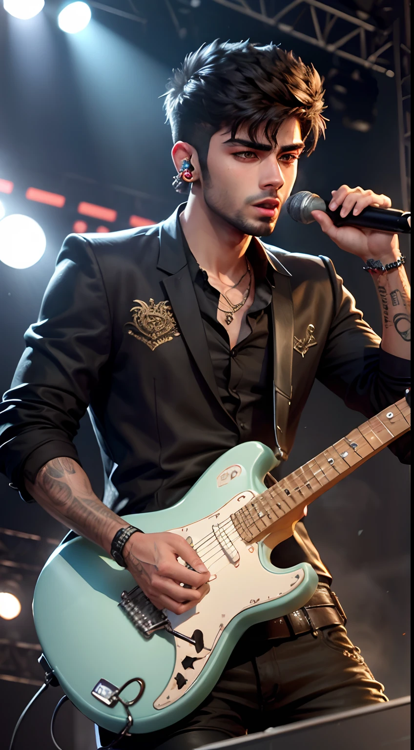 Zayn Malik, hyper realistic, masterpiece, full detailed, performing in stage, five fingers
