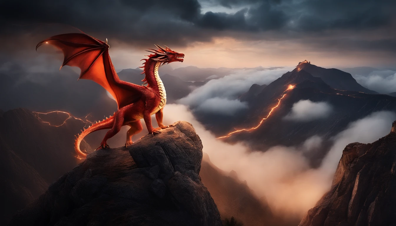 (Shoun)Standing on top of a mountain,dragon rouge,Dragon Blanc,seulement, deux dragon qui ce batte, bataille, flame, Effets de nuage:1.5,rendu par octane:1.5,Make the stars shine,Dark night background,Ultra vision,Champ de vision grand angle,super detail,beste-Qualit,tmasterpiece,8k,Extremely detailed,Epic artwork