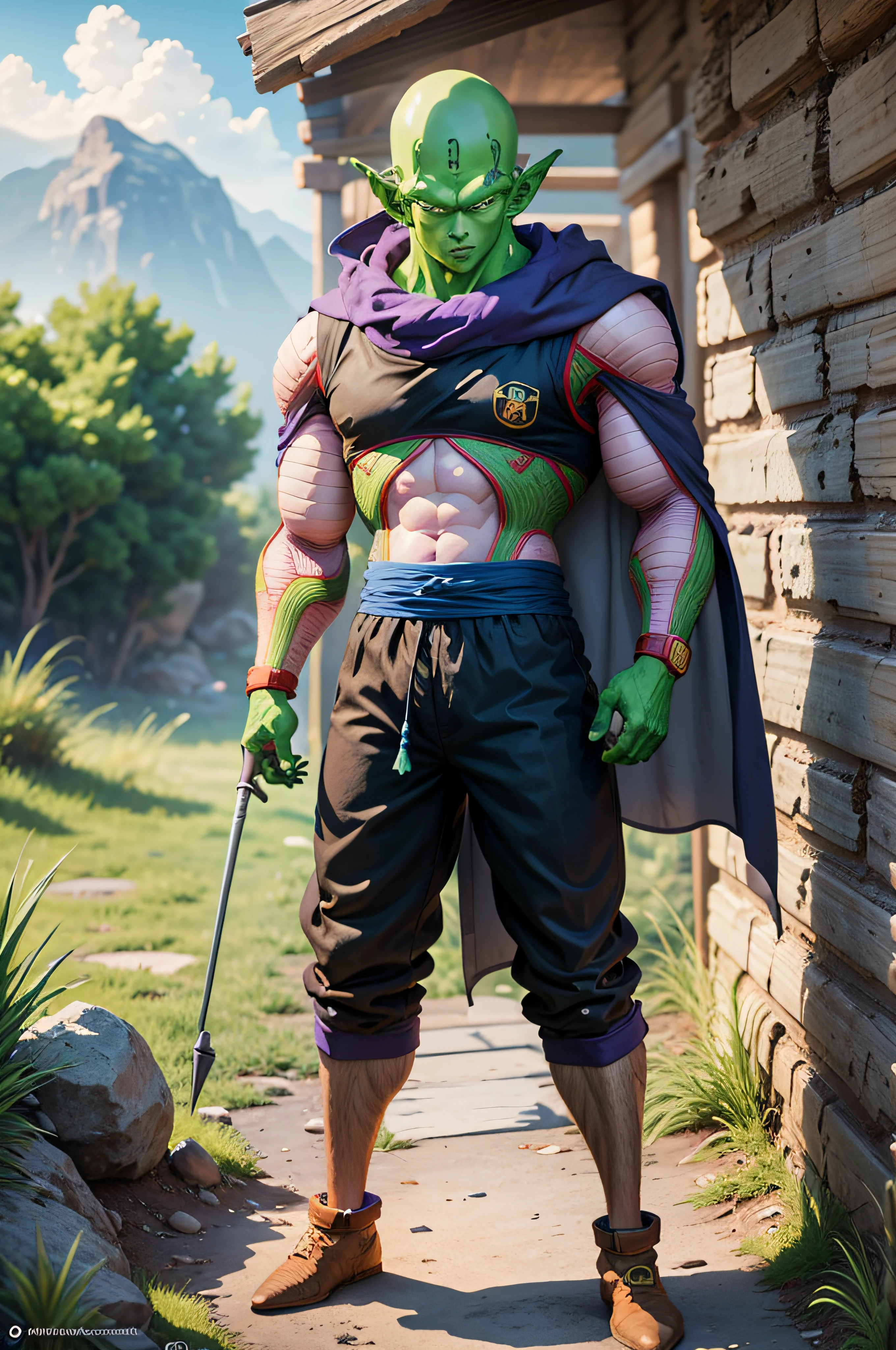 zarbon, male focus, 1boy, solo, light blue cape, blue skin, green hair, cowboy shot, smile, single braid,grass, purple detached sleeves, saiyan armor, blue briefs,muscular male, yellow eyes,earrings,circlet, green sky, cloud, blue thighhighs,mountain ( best quality, masterpiece,realistic, photorealistic)