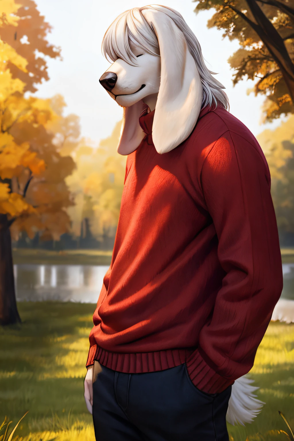 half body, happy male white dog with long floppy ears, white hair covering eyes, red sweater, black jeans, 8k, high detail, film grain, semi realistic