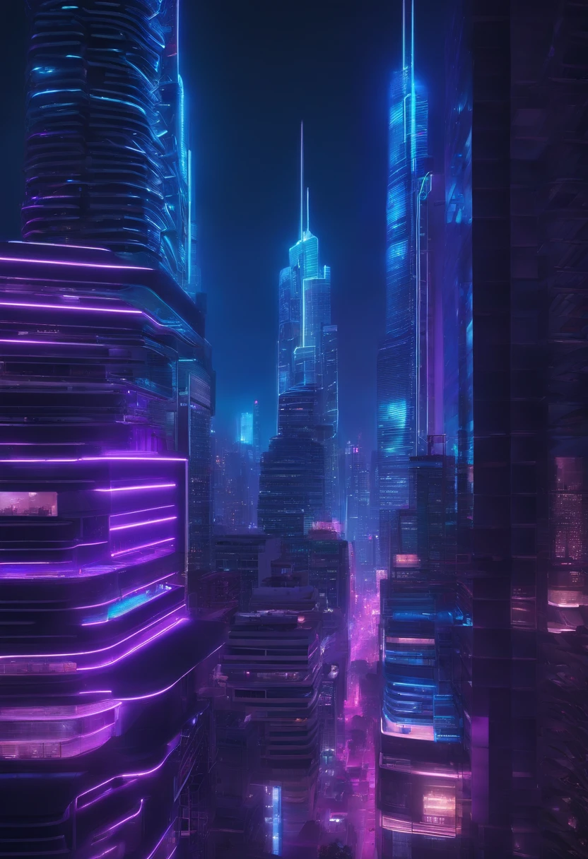 Cyberpunk Futurista, Cores Azul Neon, roxo e preto, A futuristic nighttime cityscape with skyscrapers and neon lights. "Cidy Br" escrito em uma fonte moderna e futurista em tons de neon azul ou roxo.