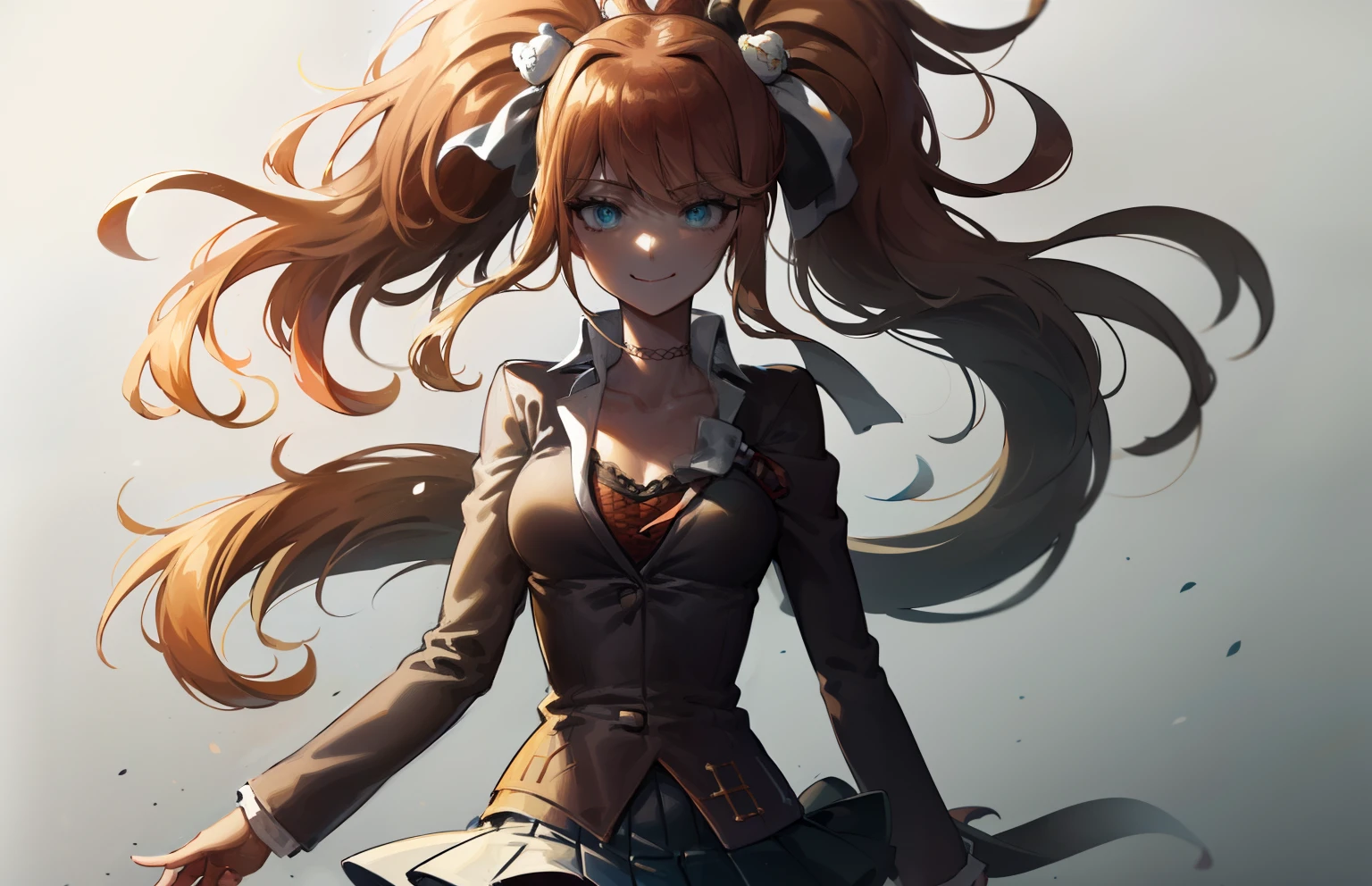 2d, masterpiece, best quality, anime, highly detailed, cowboy shot, 1girl, solo, monika, green eyes, very long hair, ponytail, school uniform, standing, straight-on, smile, white background, simple background