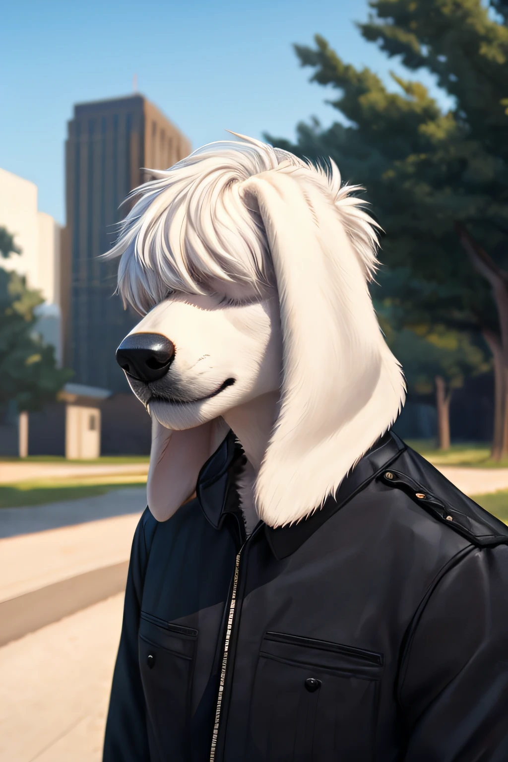 happy male white dog with floppy ears, white hair covering eyes, long black uniform jacket, black jeans, 8k, high detail, film grain, semi realistic