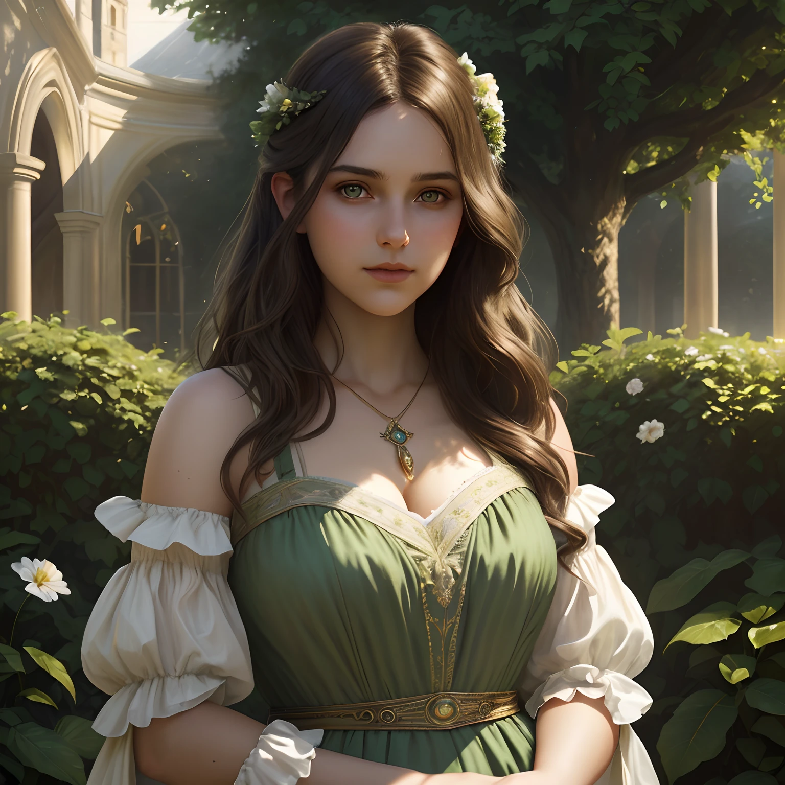 Marianne, 15 years old lady, olive skin, detailed beautiful big fat curvy chubby girl, golden light brown hair wavy and messy, detaiiled perfect obliquous dark green eyes, delicate symmetric realistic and beautiful face, (sunny garden background), regency lady simple light colored dress, no necklace, full body, masterpiece, fine detail, rich colors, dramatic lighting, extremely detailed, cinematic lighting hyperdetailed painting, luminism, Bar lighting, complex, 4k resolution concept art portrait by Greg Rutkowski, Artgerm, WLOP, Alphonse Mucha, little fusion pojatti realistic goth: a stunning realistic photograph