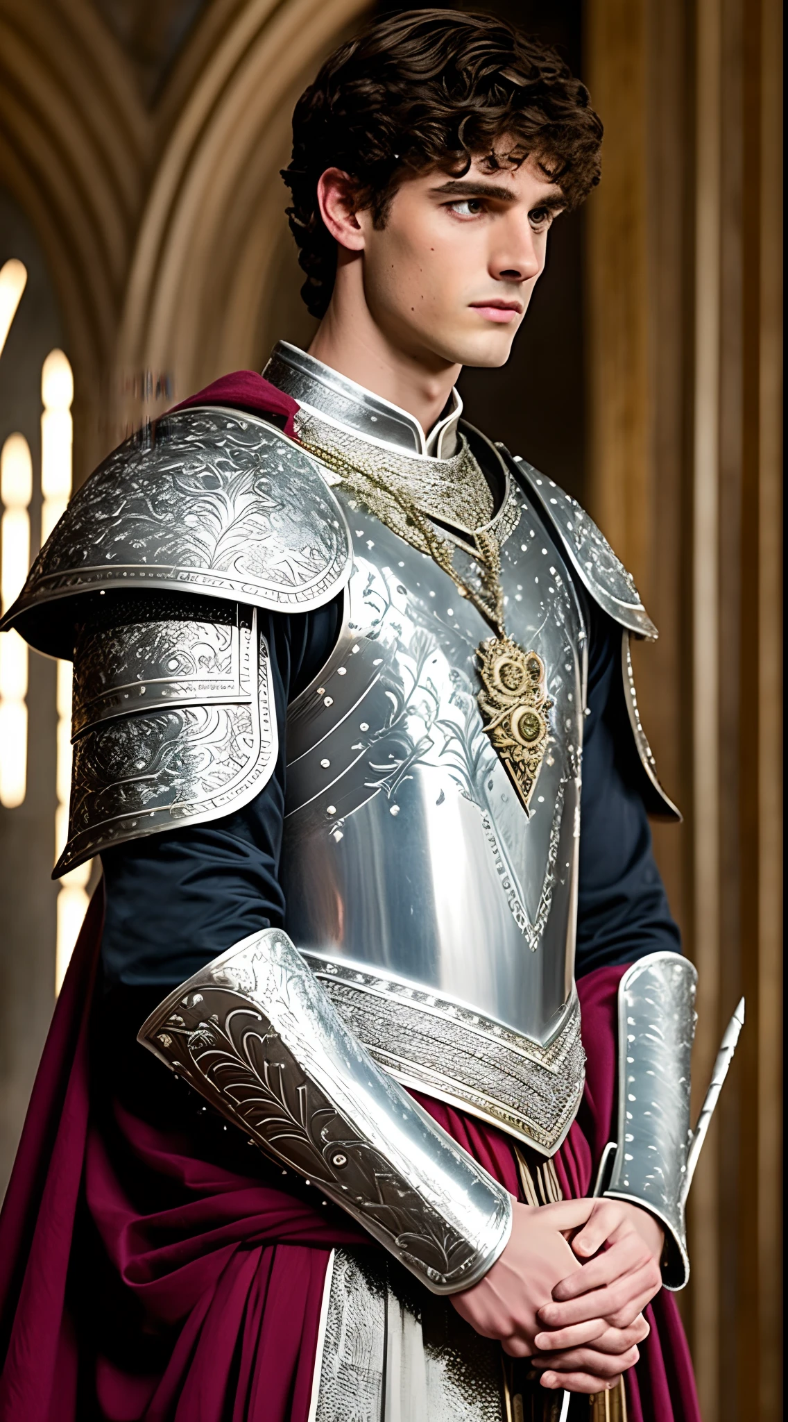 A scene where the wizard Merlin stands before the dark-haired Prince Konrad Westmonds, the prince is wearing silver armor --auto --s2