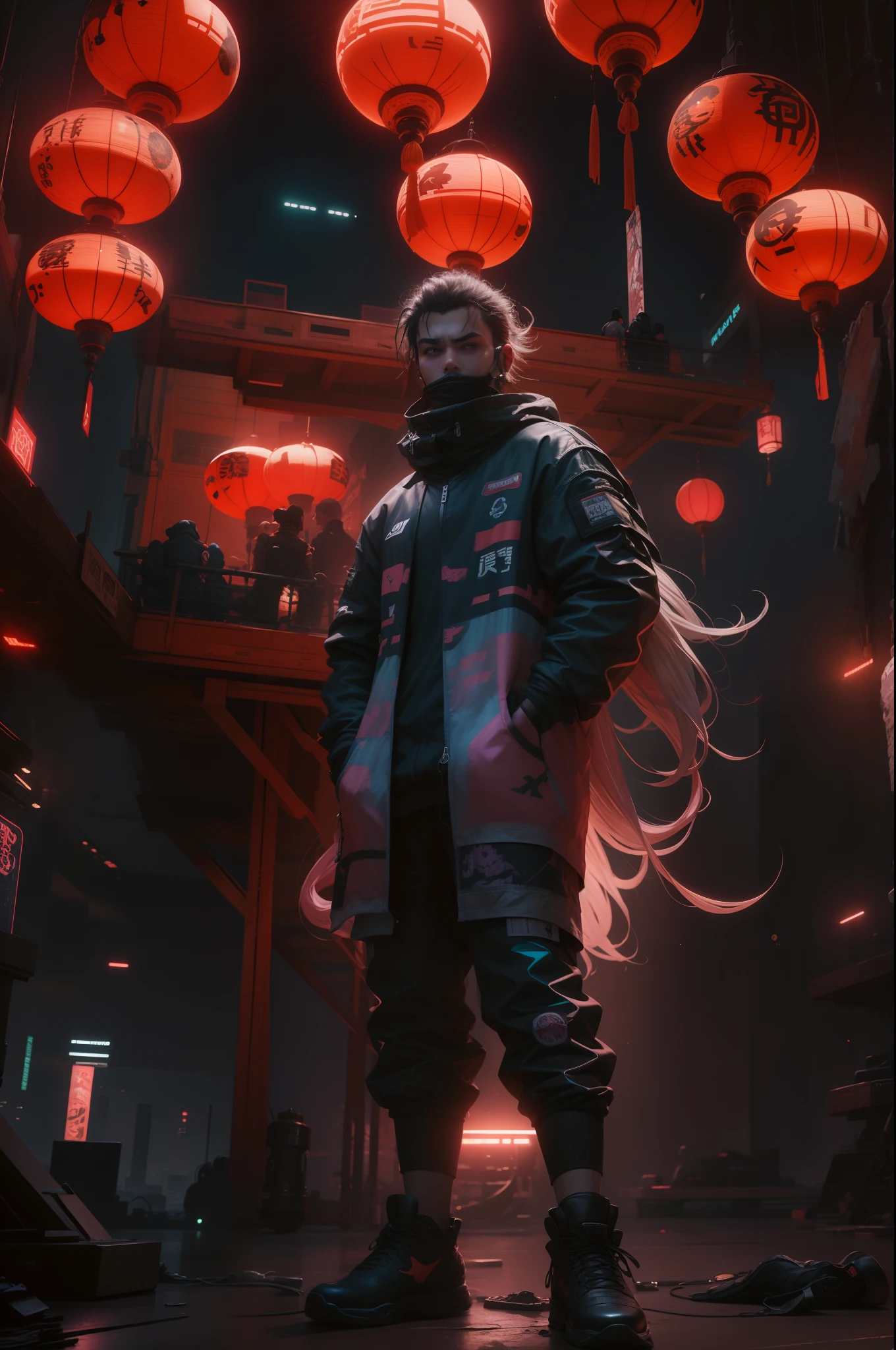 arafed man in a mask standing in a room with red lanterns, reflective floor, fireworks sky, liondance in the background, wearing japanese techwear, cyberpunk streetwear, wearing urban techwear, wearing space techwear, wearing cyberpunk streetwear, techwear fashion, techwear look and clothes, techwear occultist, techwear, techwear clothes, outlive streetwear collection, futuristic techwear, all black cyberpunk clothes, red glow lines on clothes