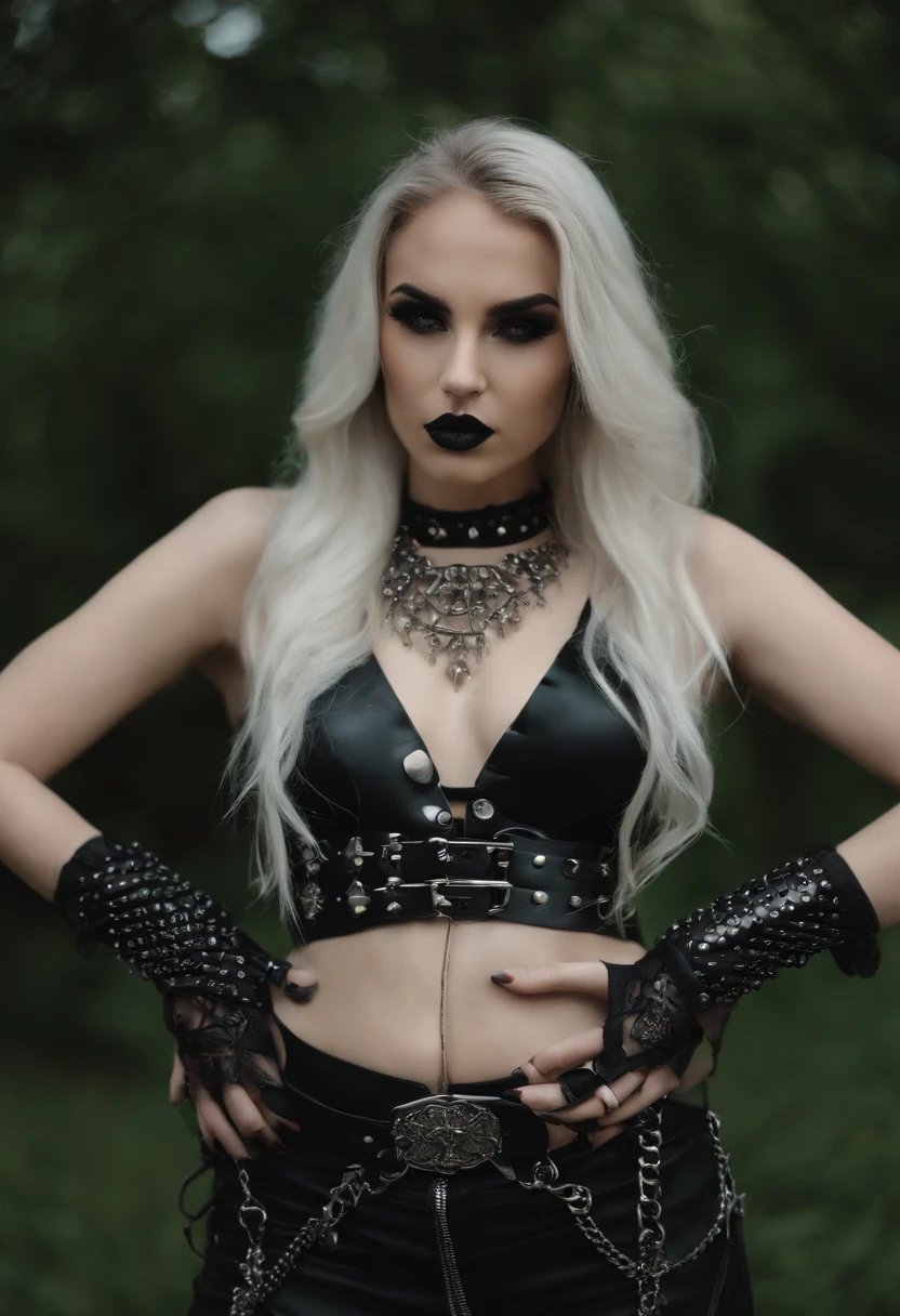 there is a woman wearing a black bralet and a black belt, garters, garter belt, harnesses and garters, gothic harts, wearing gothic accessories, wearing studded leather, goth aesthetic, choker, spiked wristbands, gothic aesthetic, spikes on the body, harness, wrapped in leather straps, straps, goth, goth girl aesthetic, gotic harts