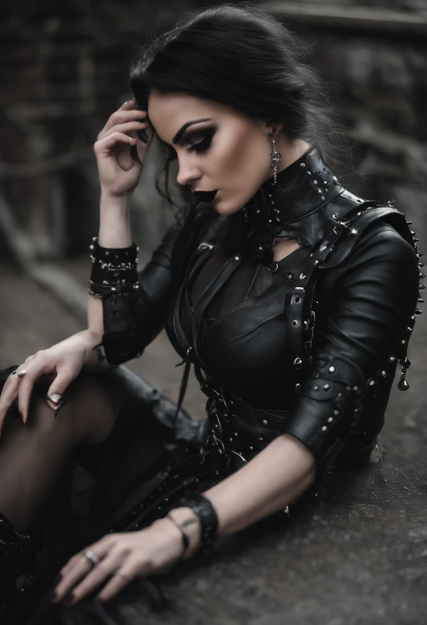 there is a woman wearing a black bralet and a black belt, garters, garter belt, harnesses and garters, gothic harts, wearing gothic accessories, wearing studded leather, goth aesthetic, choker, spiked wristbands, gothic aesthetic, spikes on the body, harness, wrapped in leather straps, straps, goth, goth girl aesthetic, gotic harts