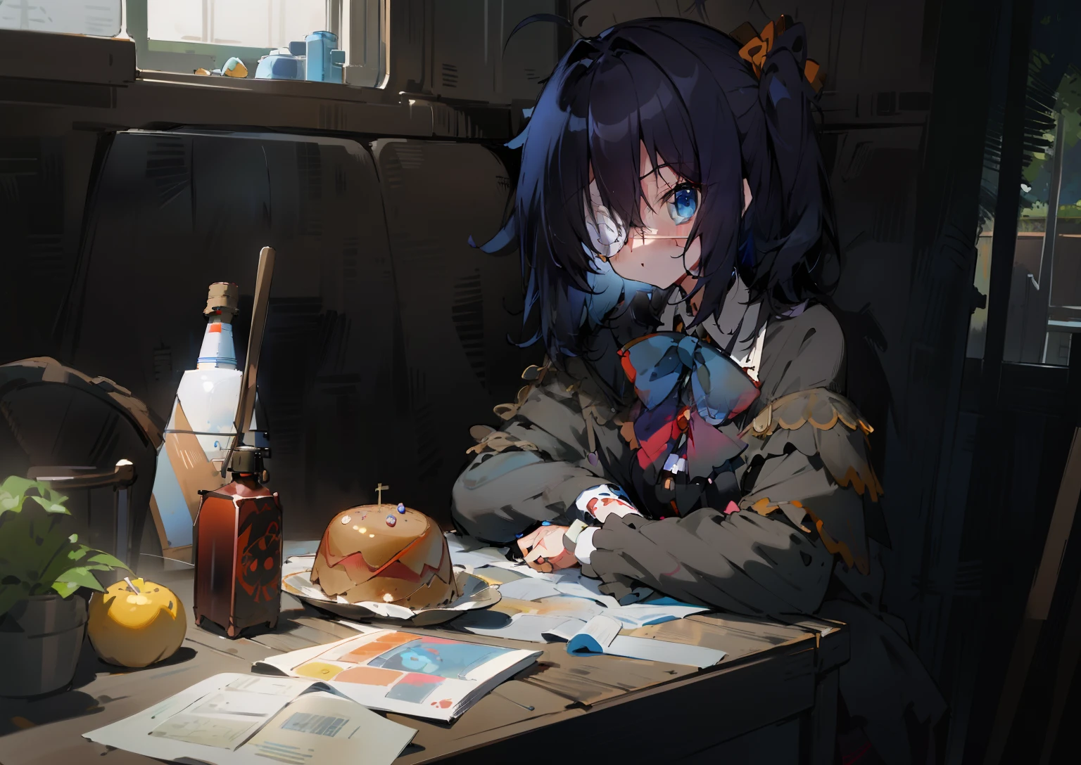 high res, masterpiece,Rikka Takanashi, black hair, solo, 1girl,outside,deatailed background, detailed eyes, ((blue eyes)), eyepatch