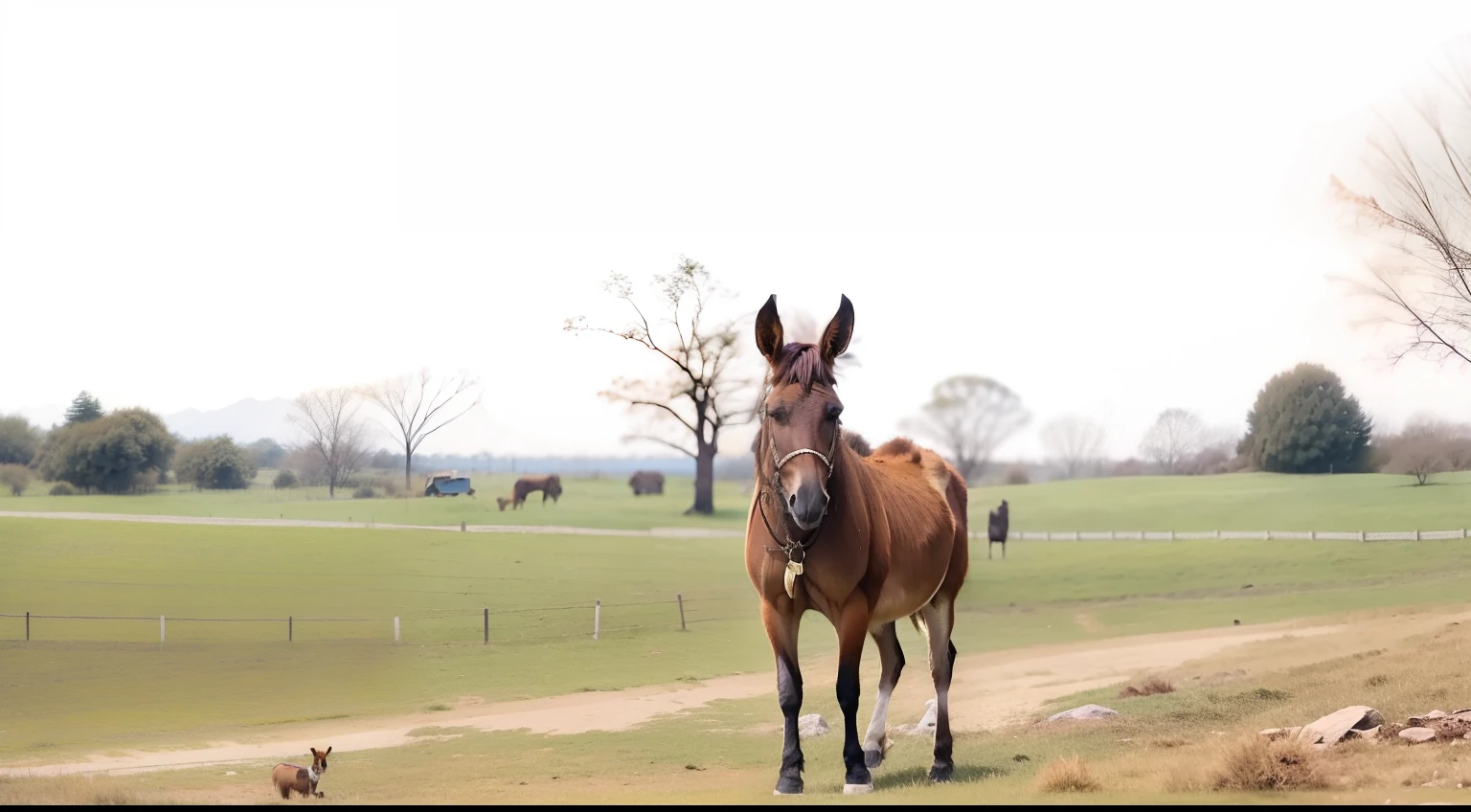 A brown donkey is in the photo