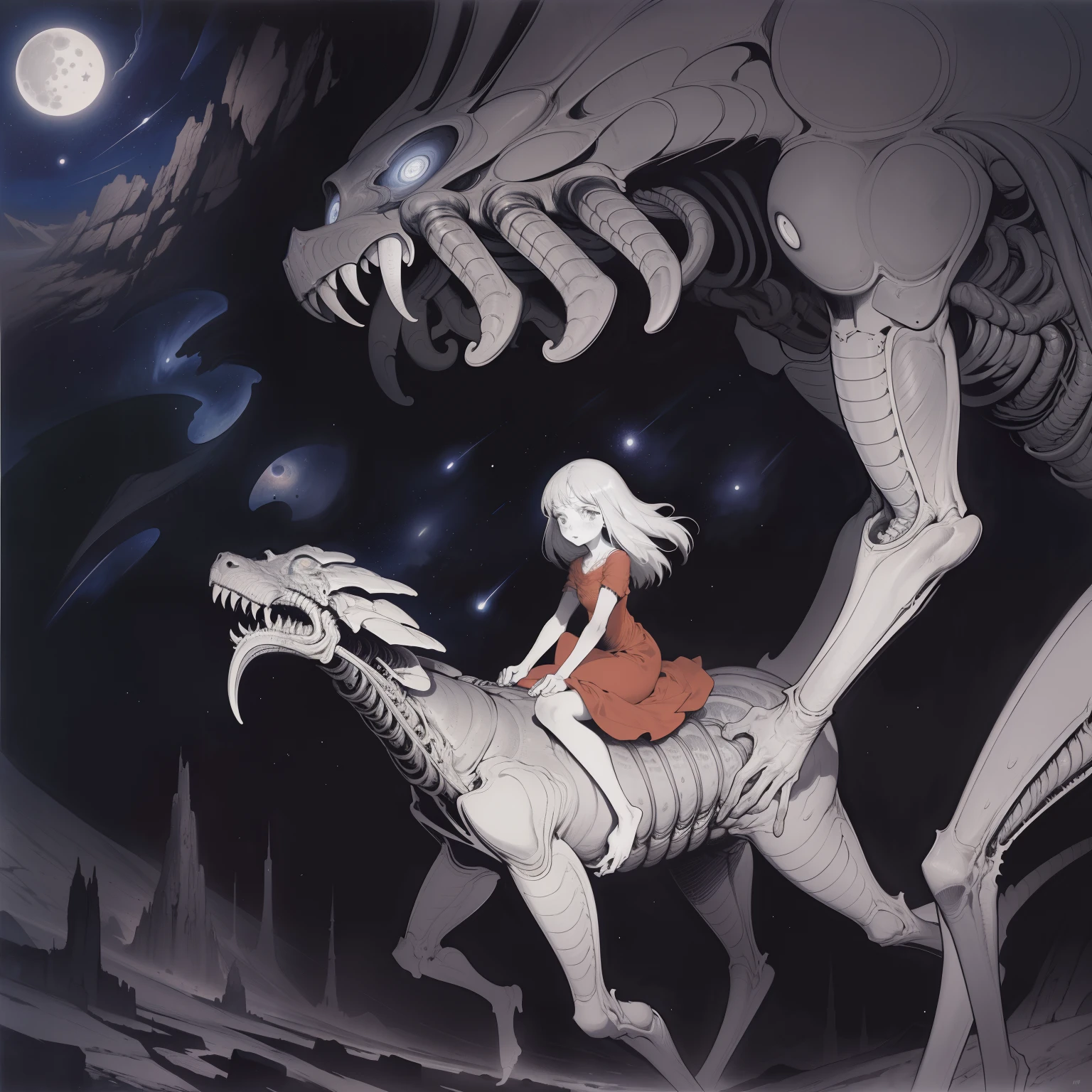 (superflat, flat shading, flat colors:1.1), 1girl, teen, naked, nipple, riding a monster horse, closeup, anime, salvador dali, hr giger, jacek yerka, starry skies, tribal,