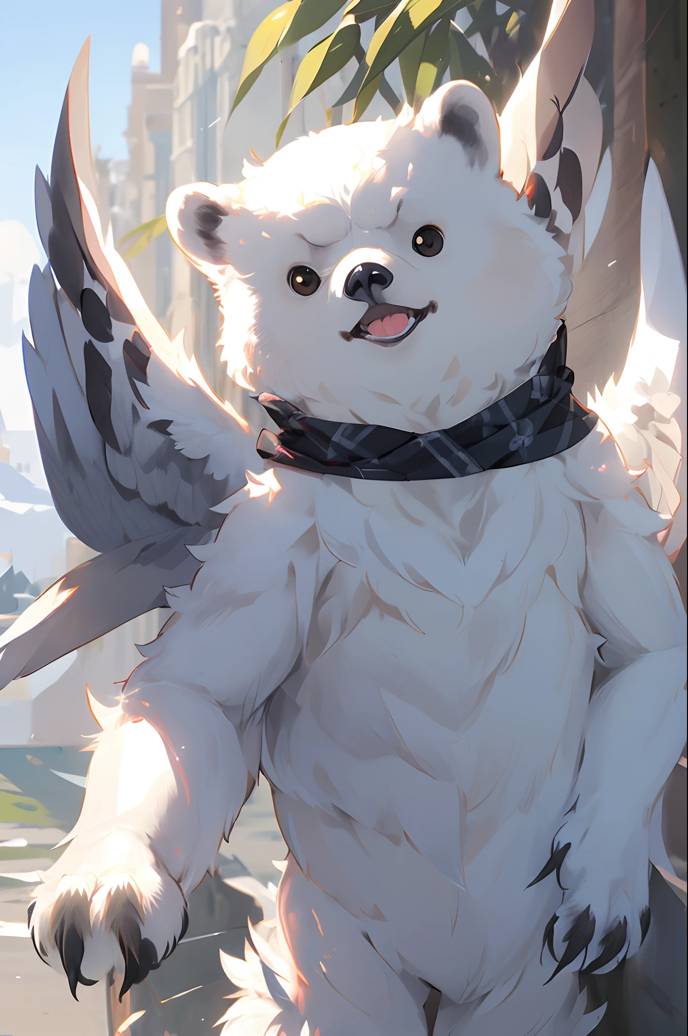 , (masterpiece:1.2), best quality, animal hybrid of owl and polar bear, owl face, polar bear body, wings, hybrid.