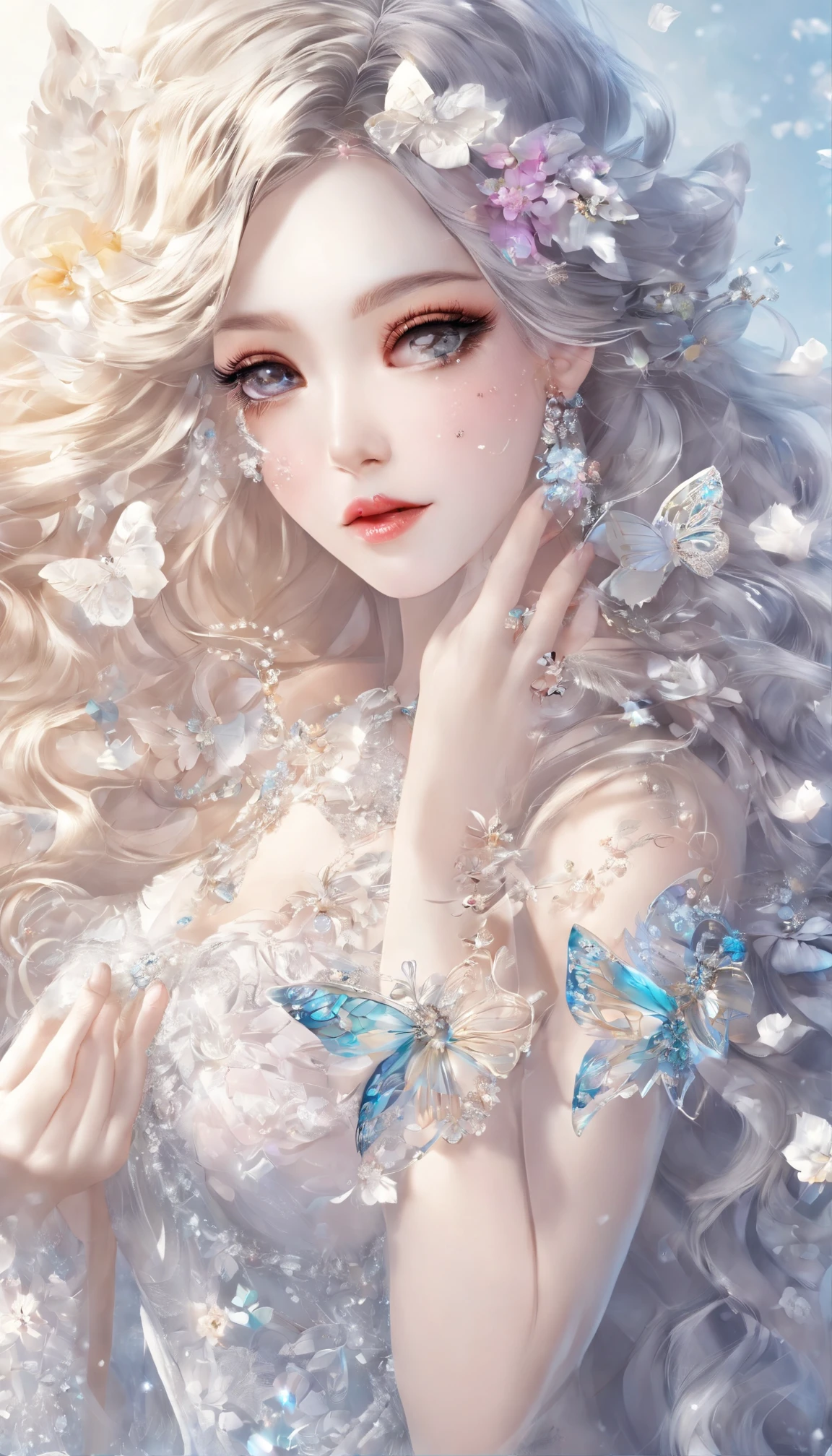 16k high quality wallpapers,Surrealist broken glass photo(Detailed eyes,Long eyelashes,Bright and colorful iris,Expressive eyebrows,Blend eyeshadow perfectly,Eyes sparkle,Reflective eyeballs,Heterochromia),(Silver-blue long-haired girl , A lot of hair 1。3 Delicate hair 1。2),(Long transparent dress,floral patterns:1.4,),(Gorgeous and delicate glowing little butterfly hair ornament,brilliant colorful,Fine engraving,Shine brightly,The attention to detail,The jewelry is of high quality,Extremely high image quality)White Skin Skin,Seductive smile emoji,Close-up shot