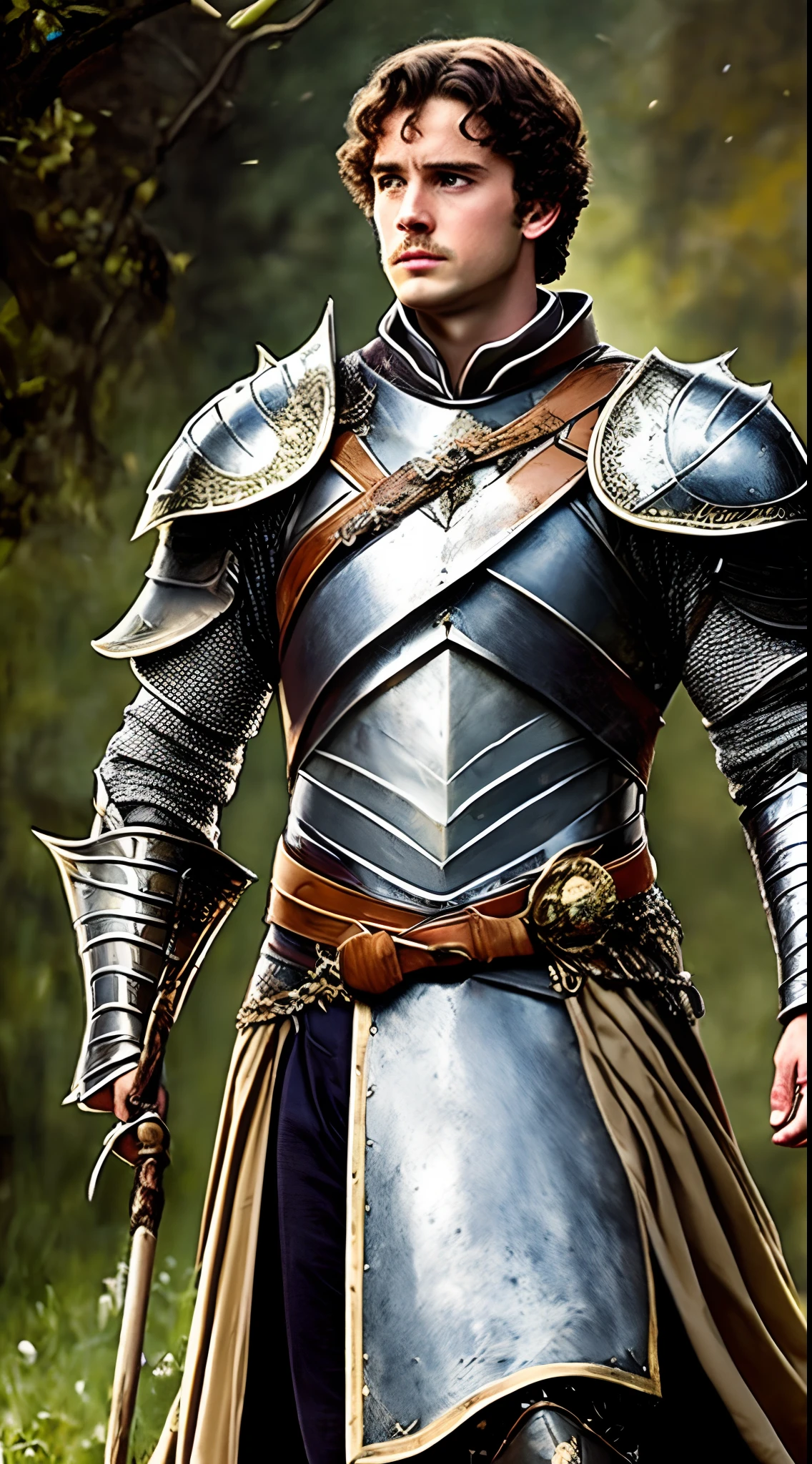 A scene where the wizard Merlin stands before the dark-haired Prince Konrad Westmonds, the prince is wearing silver armor --auto --s2