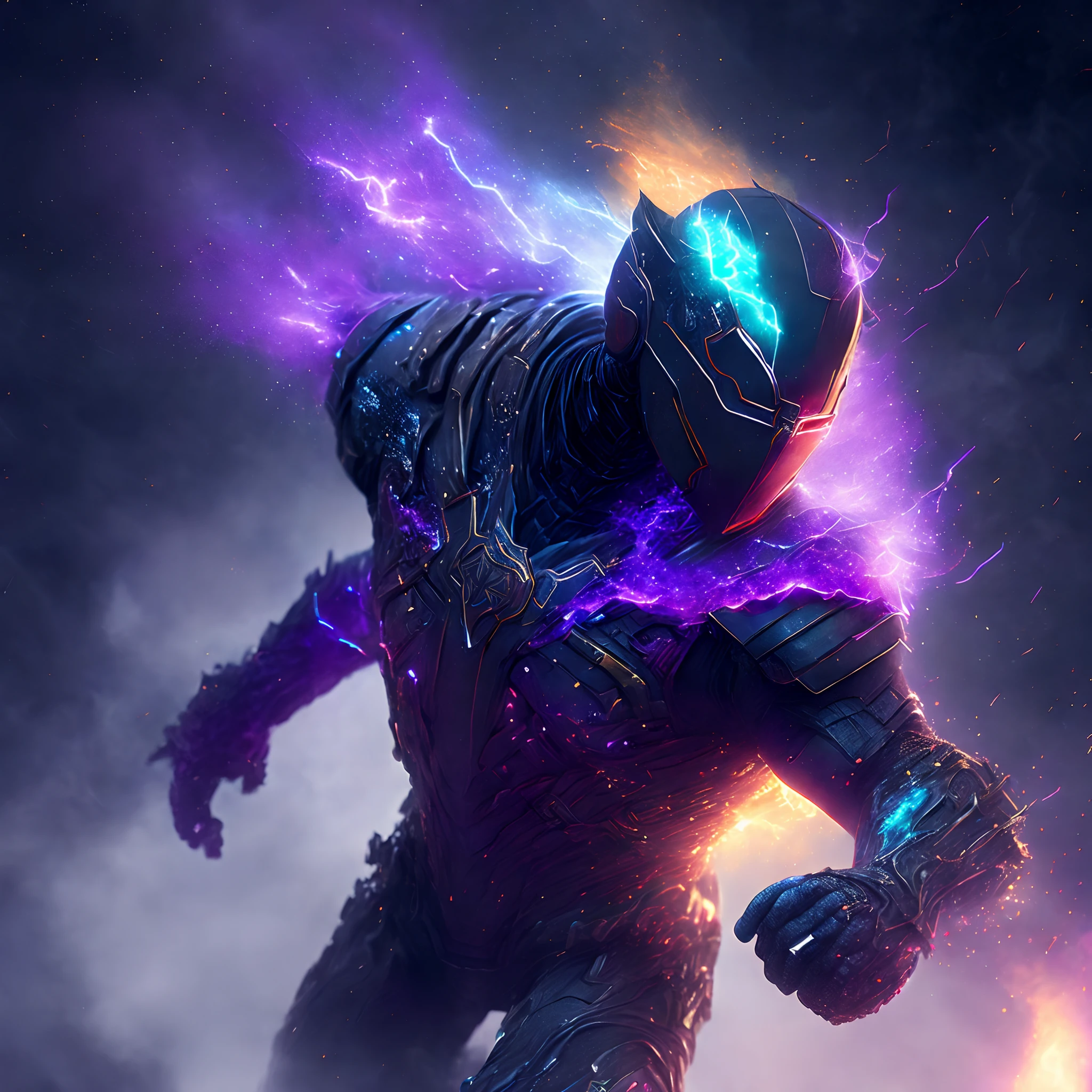 Close-up ( multicoloured Fog man from Marvel in Goth style: 1.3) emerging from the thick fog, extremely detailed, multicoloured fog storm, sparks, metal shavings, flying debris, volumetric light