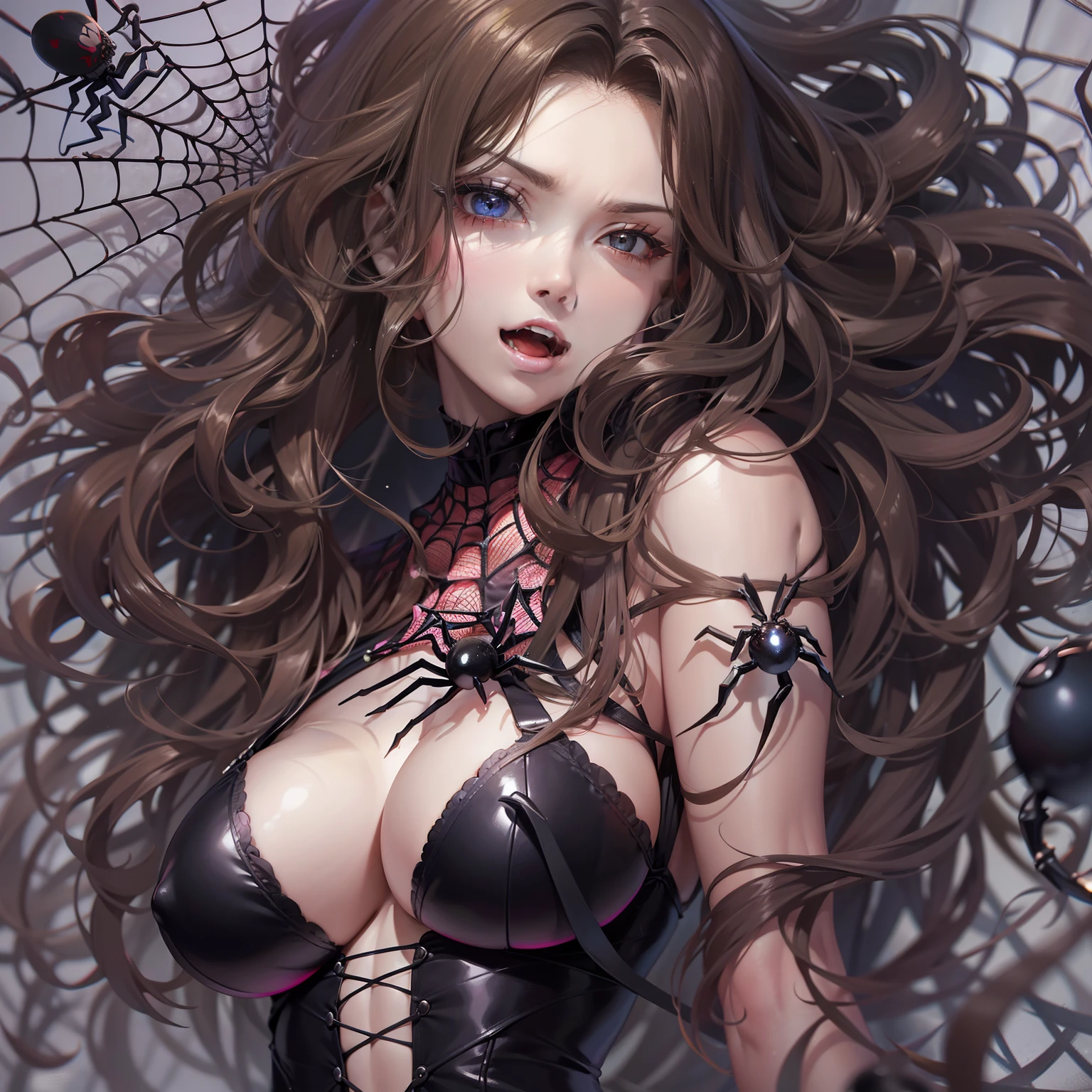 masutepiece、top-quality、Lack of fabric、adult lady、Half a spider、Tactile sensations of the head、long-haired with a tight perm,、Black widow、Small fangs、fullbody image、Spider web in the background、ultra gigantic tits、