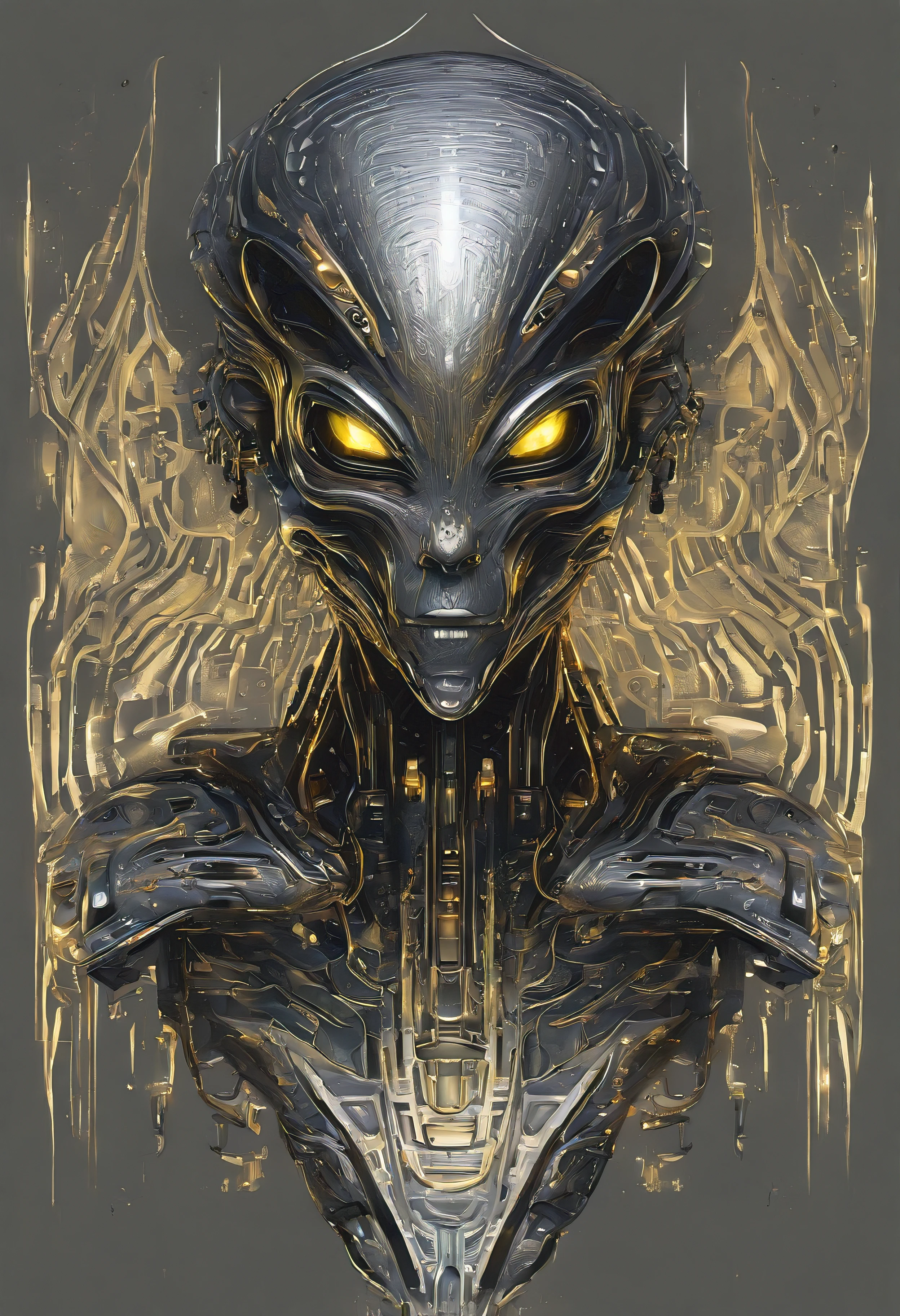 (Logo, extraterrestrial, humanoid shape, metallic tones (e.g., silver, gold), single eye, wings, light or color signals)