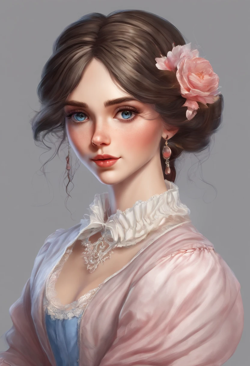 2d avatar on YouTube, full-length girl, Slavic appearance, green eyes.  A blue skirt of the 19th century, red boots with small heels, a white shirt with a lace collar, dark hair gathered in one bun, with strands of red color escaping from the bun, white skin with pink cheeks.