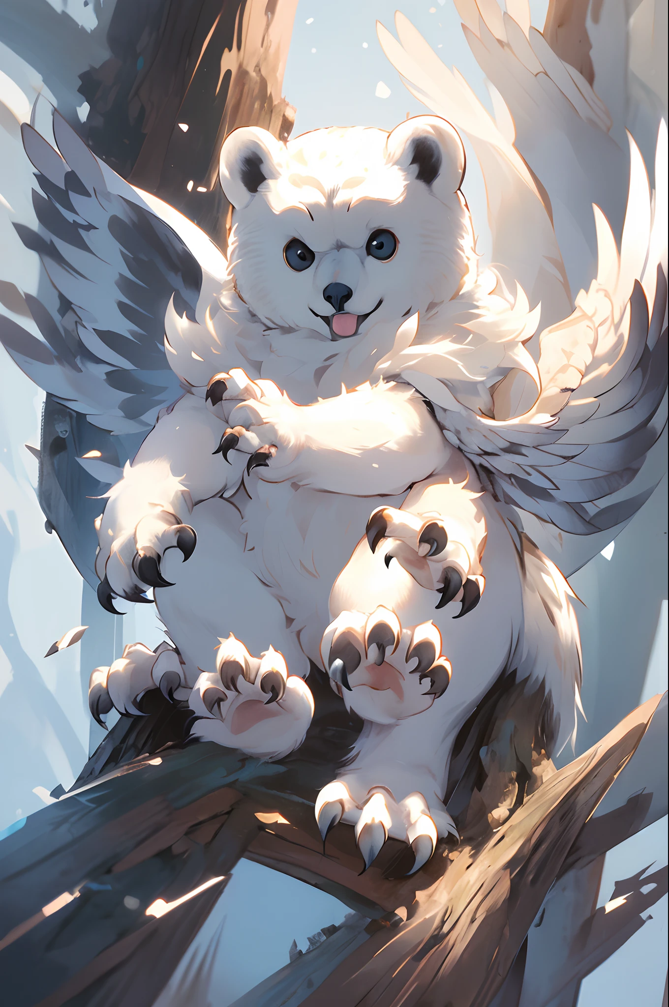 (masterpiece:1.2), best quality, animal hybrid of owl and polar bear, owl face, polar bear body, wings, hybrid.
