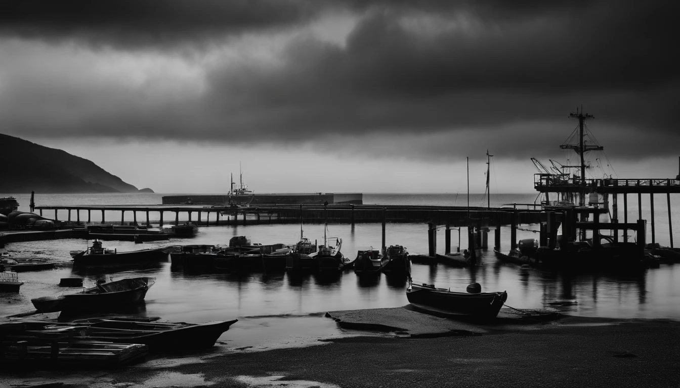 A small fishing port in Japan,Rough seas,Winter scene,Overcast clouds,Grayscale24-bit,feeling of despair