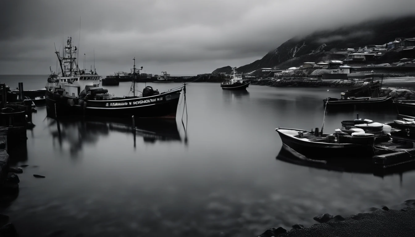 A small fishing port in Japan,Rough seas,Winter scene,Overcast clouds,Grayscale24-bit,feeling of despair