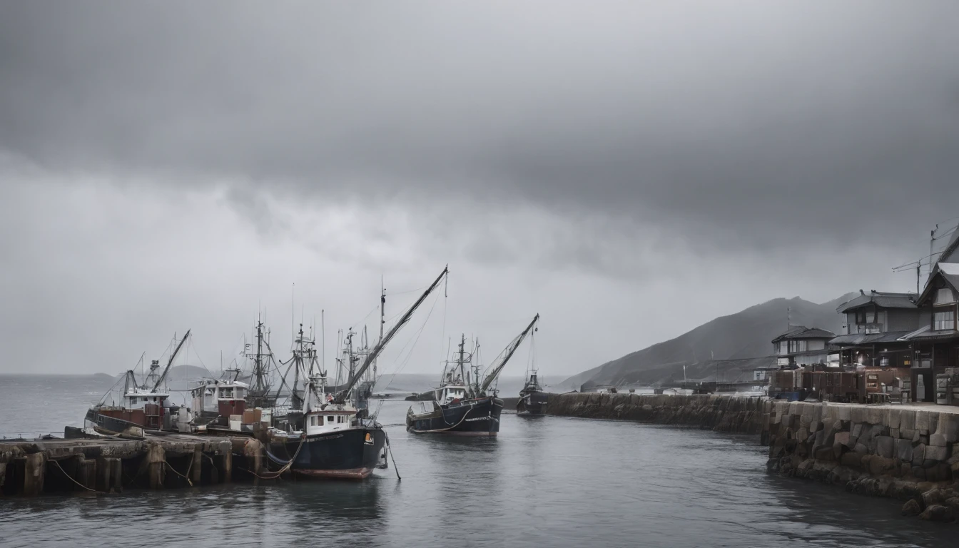 A small fishing port in Japan,Rough seas,Winter scene,Overcast clouds,Grayscale24-bit,feeling of despair