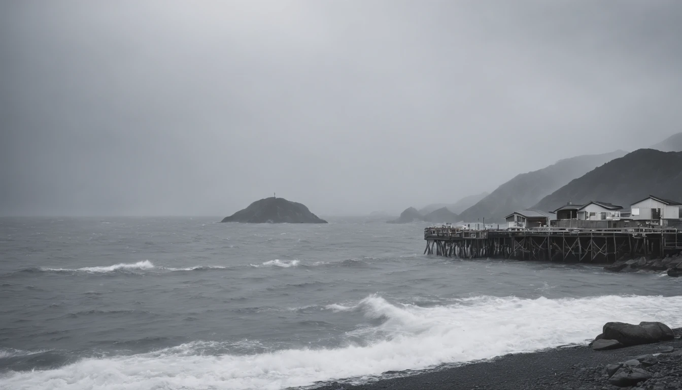 A small fishing port in Japan,Rough seas,Winter scene,Overcast clouds,Grayscale24-bit,feeling of despair