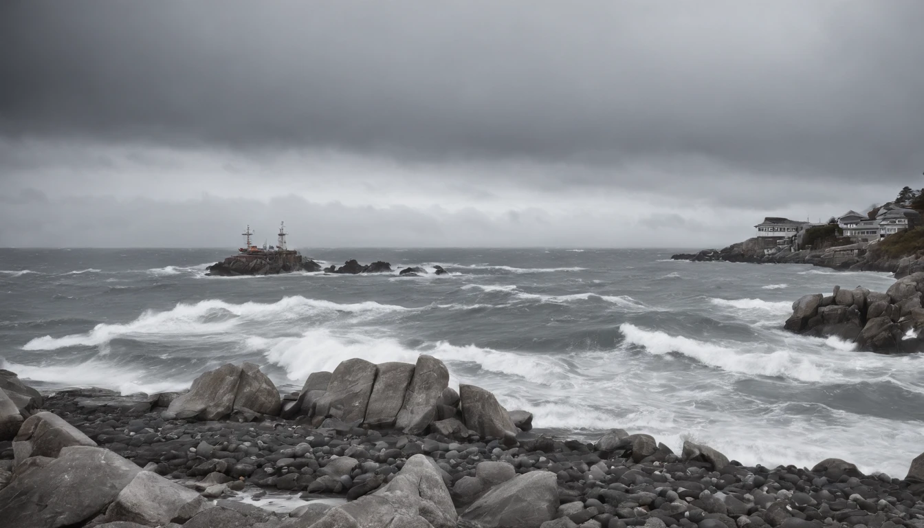 A small fishing port in Japan,Rough seas,Winter scene,Overcast clouds,Grayscale24-bit,feeling of despair