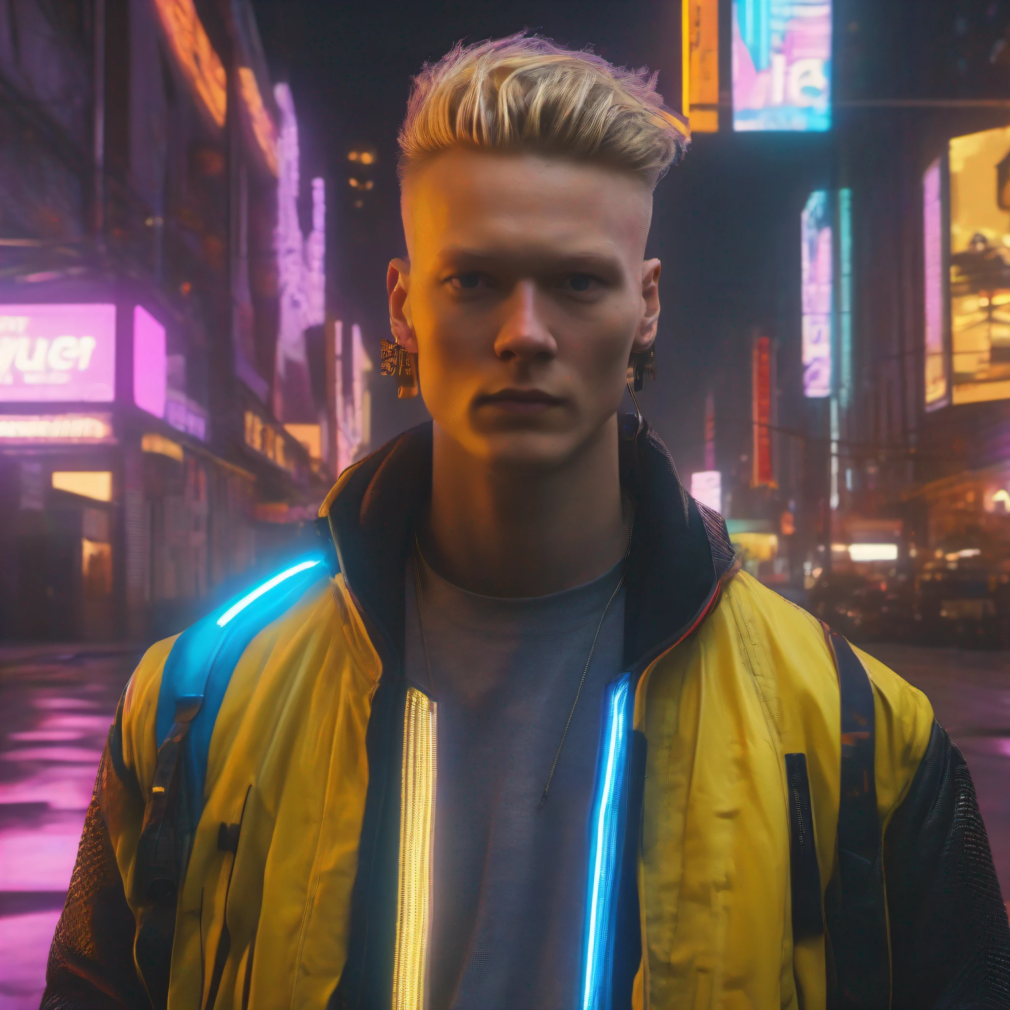 jude bellingham and erling haaland, cyberpunk, hyper realistic,, 8k UHD, DSLR, high quality, Cinematic light, Amazing, masterpiece,