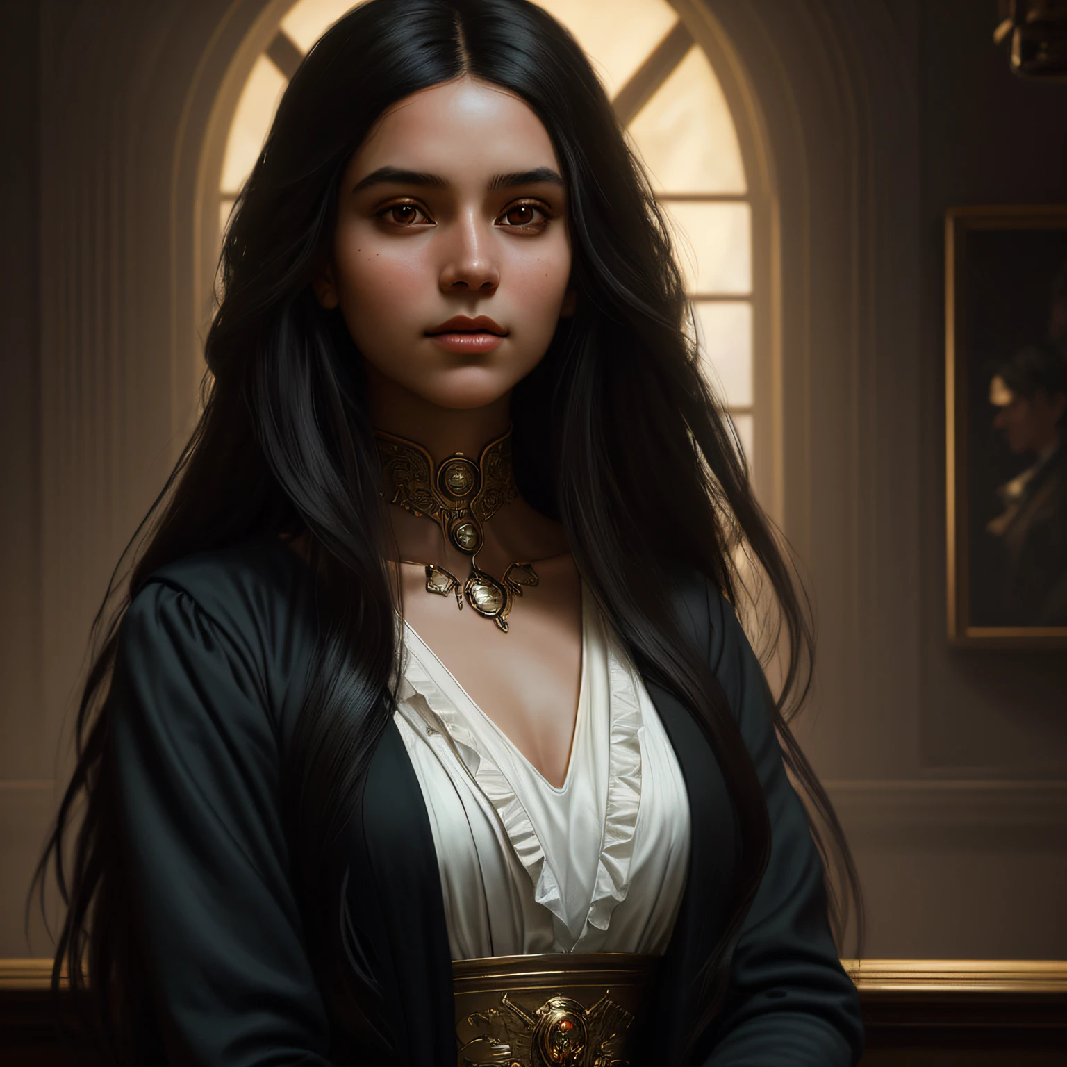 masterpiece stunning delicate young woman 20 years old, wearing british regency preceptor outfit, brown skin, looking up, ((sunny regency mansion background)), black very straight hair, loose hair, detailed perfect almond-shaped black eyes, perfect delicate mouth, resemblance to helena gilbert, full body, indigenous first nations woman, unadorned, full body, masterpiece, fine detail, rich colors, dramatic lighting, extremely detailed, cinematic lighting hyperdetailed painting, luminism, Bar lighting, complex, 4k resolution concept art portrait by Greg Rutkowski, Artgerm, WLOP, Alphonse Mucha, little fusion pojatti realistic goth: a stunning realistic photograph